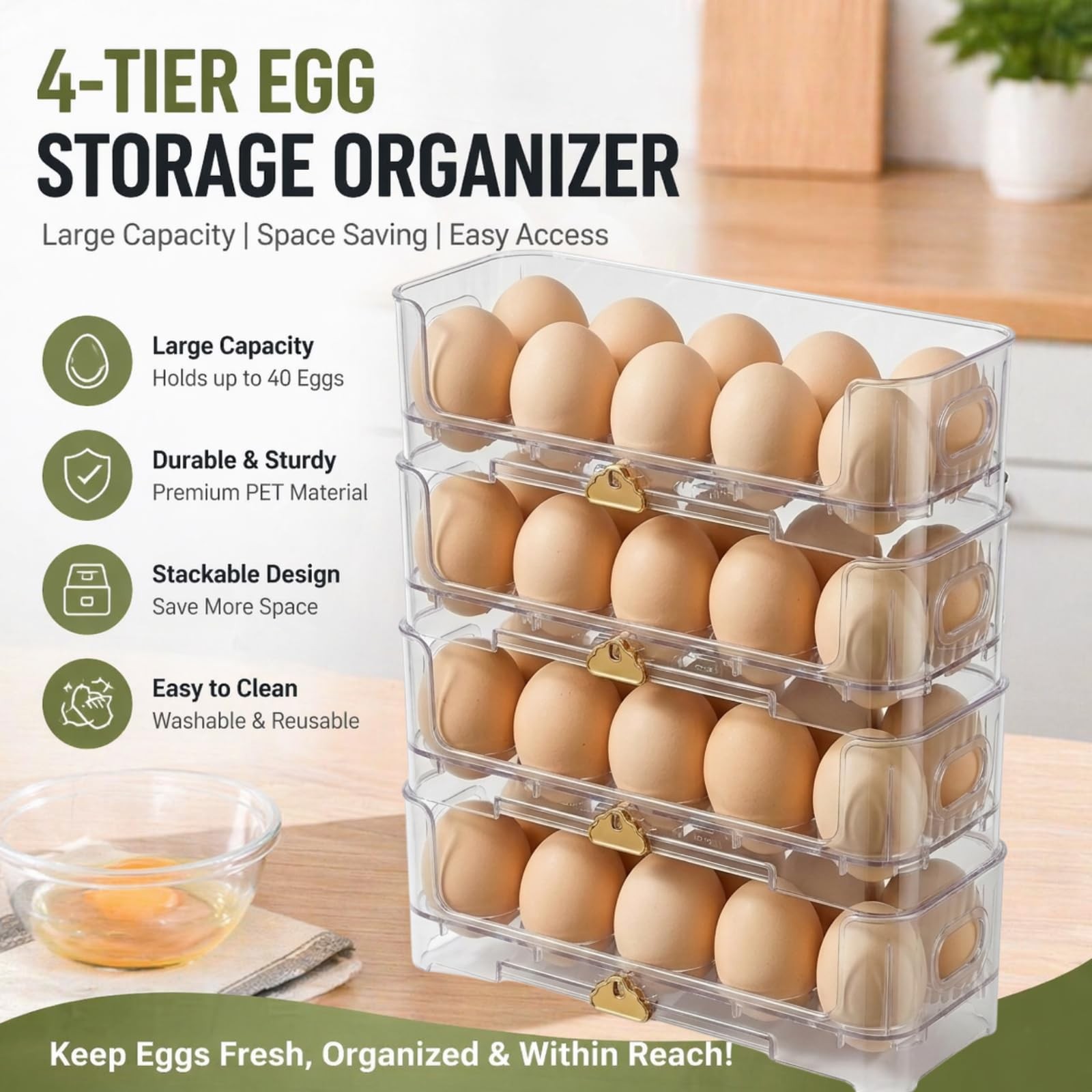 Stackable Egg Holder for Refrigerator Side Door, Slim 4-Tier Modular Egg Orga…