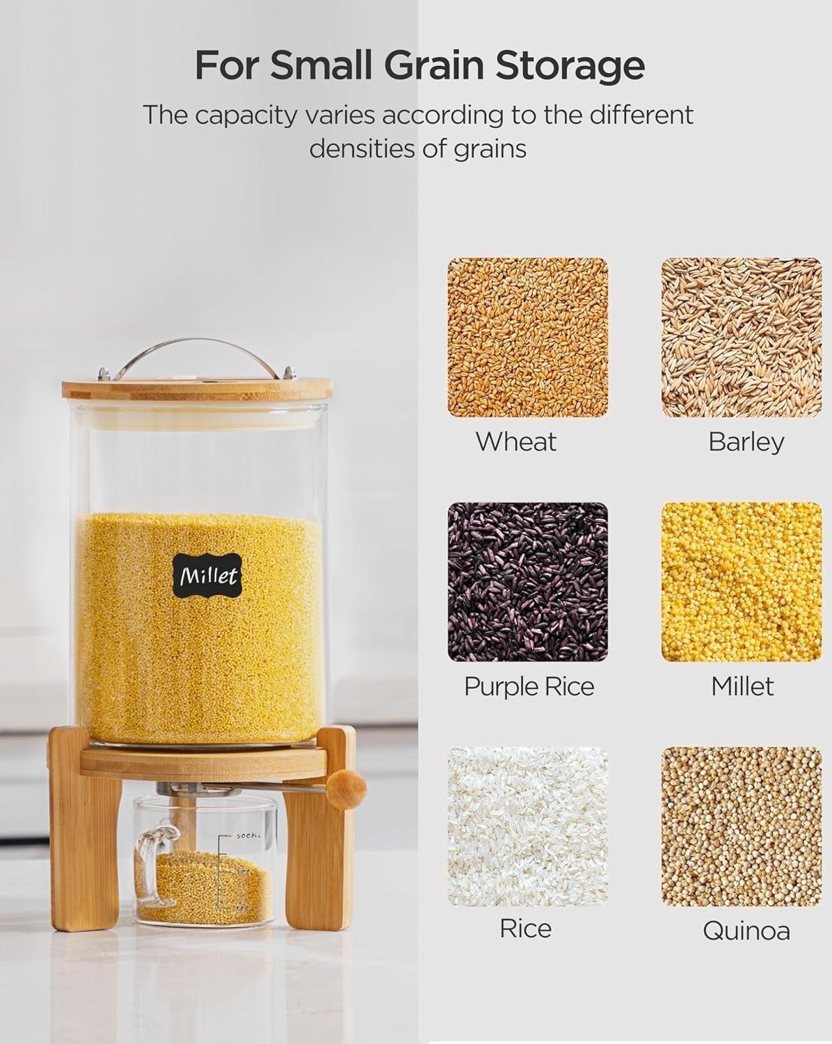 5-7 lbs Glass Rice Dispenser W/ Wooden Stand Flour & Cereal Container W/ Glass