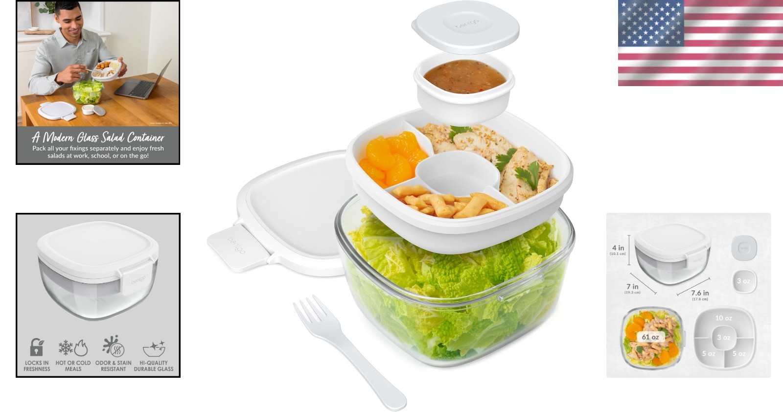 All-in-One Glass Salad Bowl – Airtight 61-oz with Bento Tray & Sauce Container