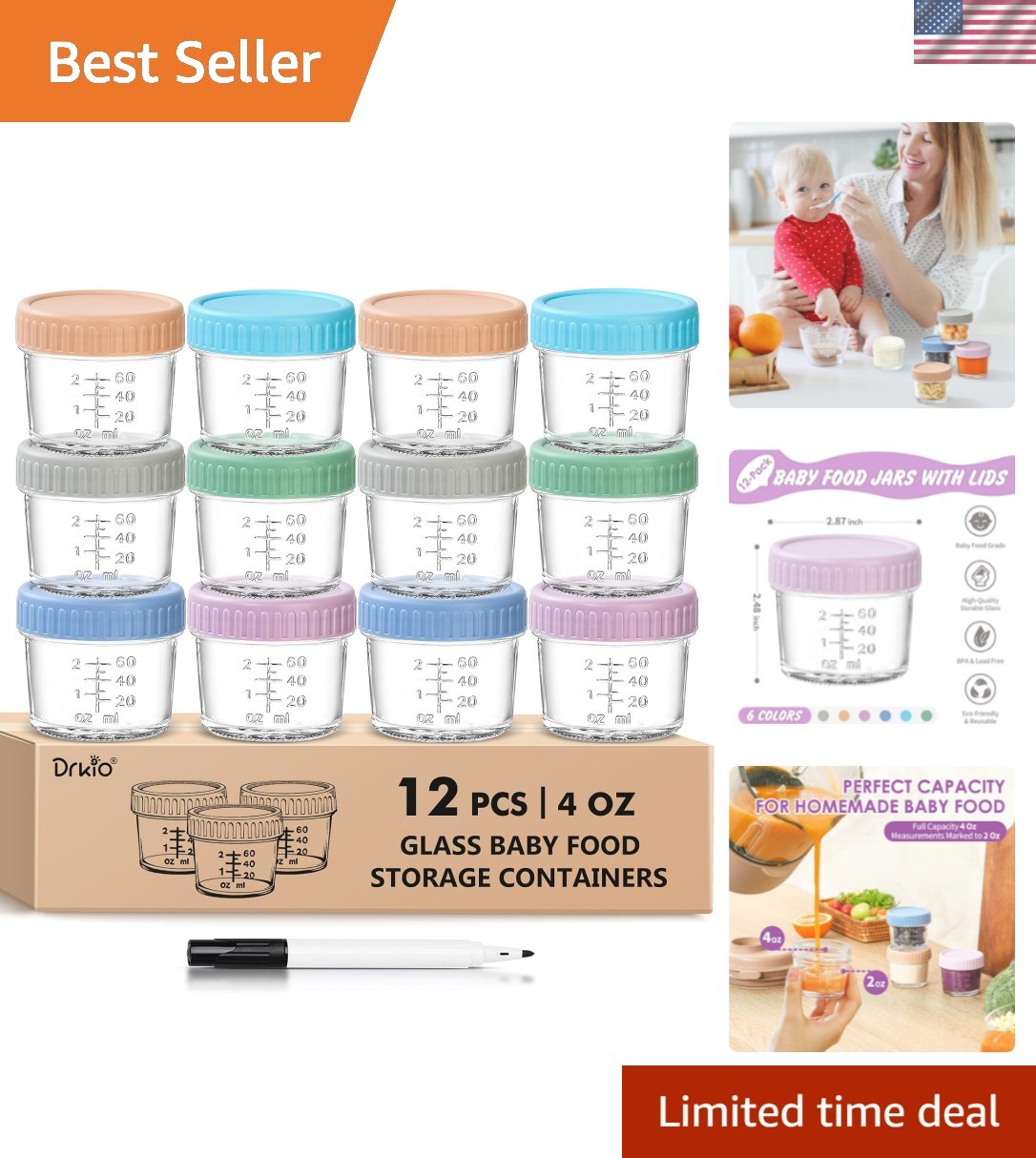 12 Pack Glass Baby Food Storage Containers – 4 Oz Baby Food Jars with Lids Ba…
