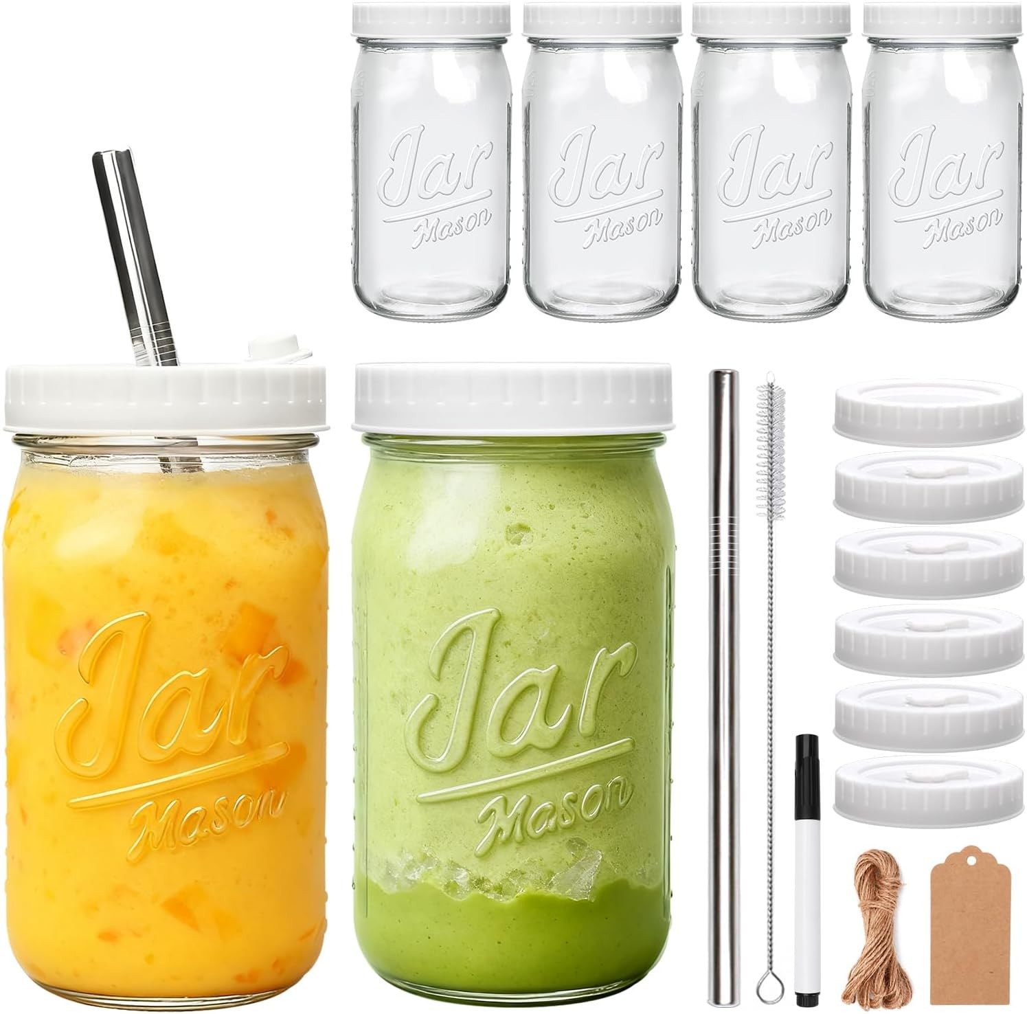 6-Pack Mason Jars Cups W/ Plastic Lids & Straws 32oz Wide Mouth Glass Cups