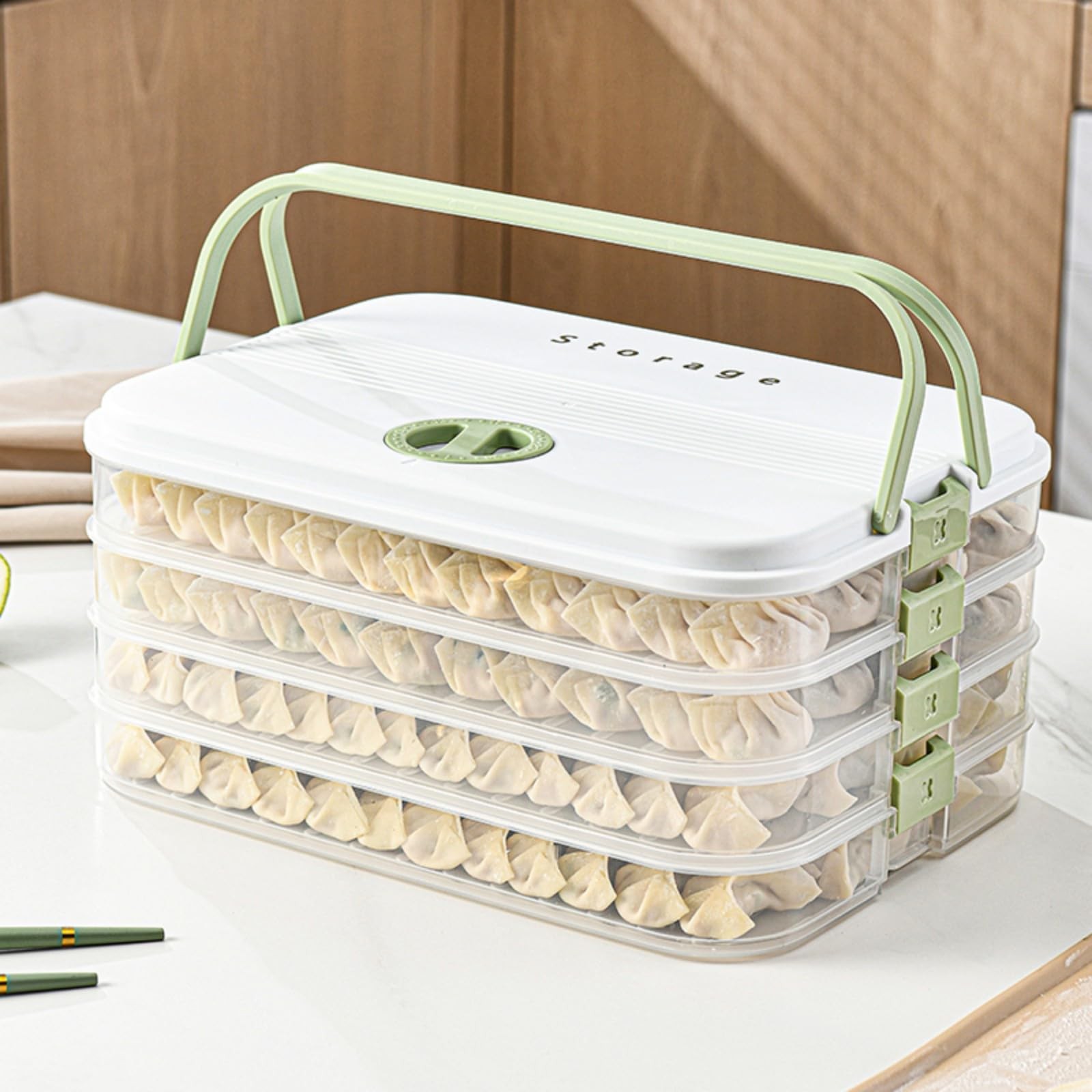Dumplings Storage with 4 Layers, Stackable with Buckle, Lid & Handle for Cook…