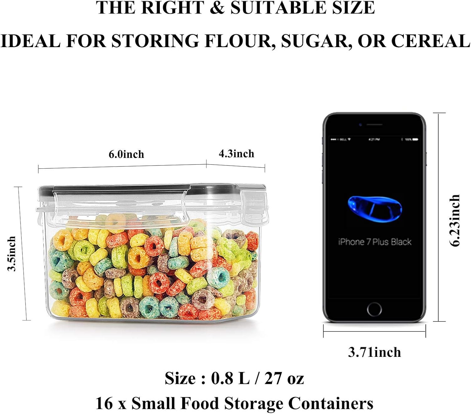 Cereal & Dry Food Storage Container Set of 16 [0.8L /3.38 Cups] Sugar Flour