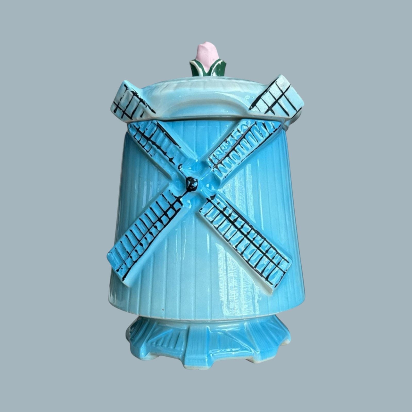 VTG 1960s McCoy Blue Windmill Cookie Jar Pink Rose Lid Farmhouse Kitchen