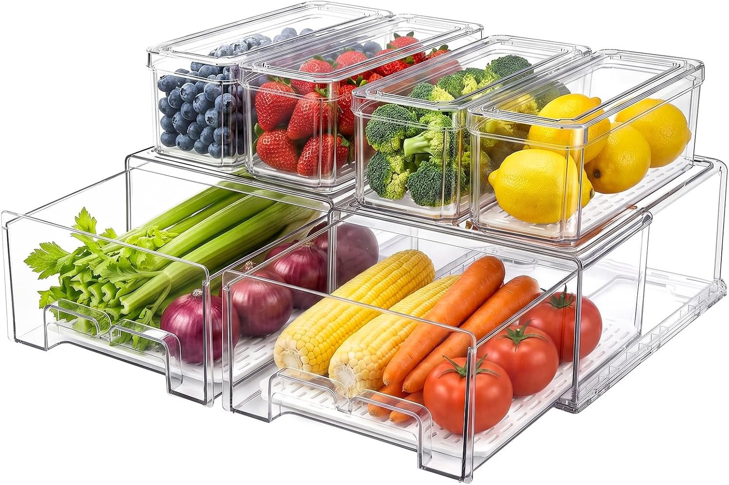 6Pack Fridge Organizers and Storage,Stackable Fridge Organizer Bins with Lids, 2