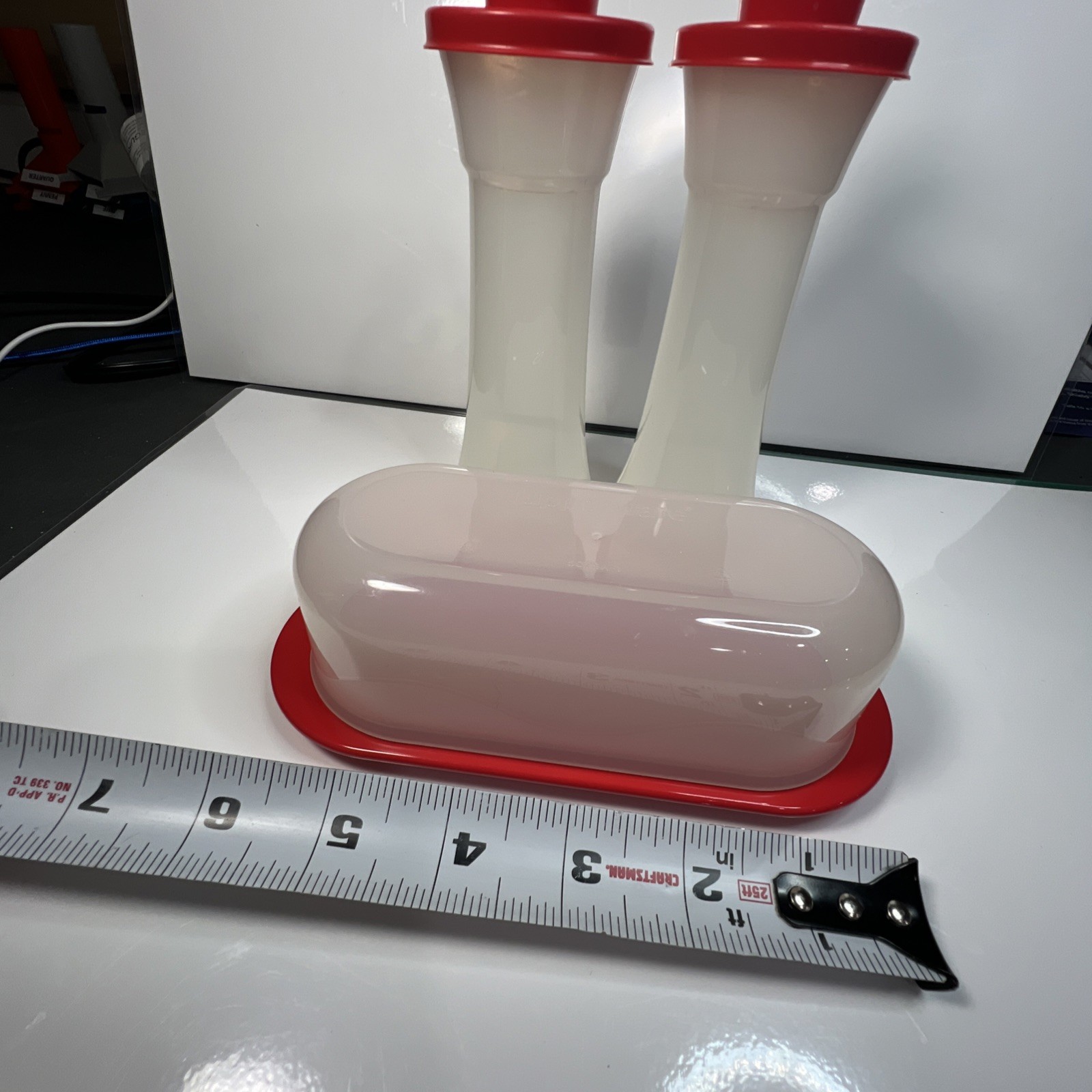 TUPPERWARE salt and pepper shakers & butter dish Red Frosted White