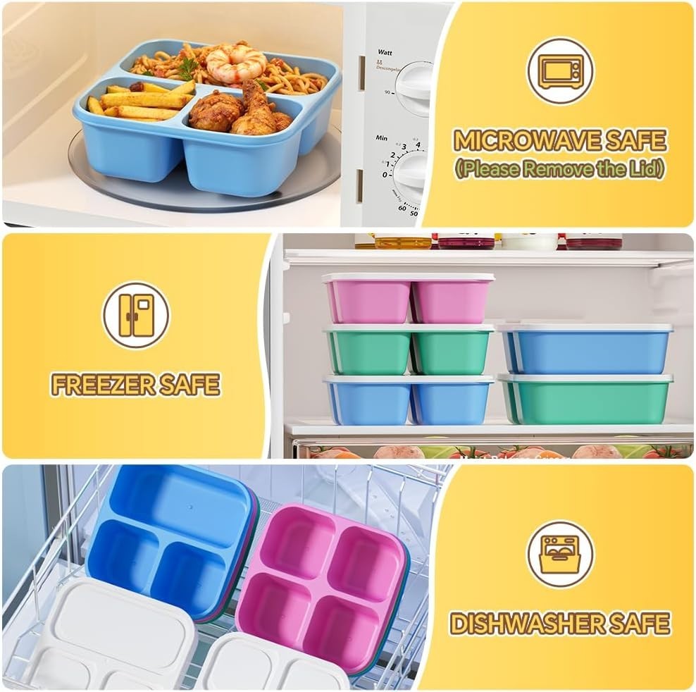 Juego de 6 recipientes reutilizables para refrigerios, con 3 y 4 compartimentos