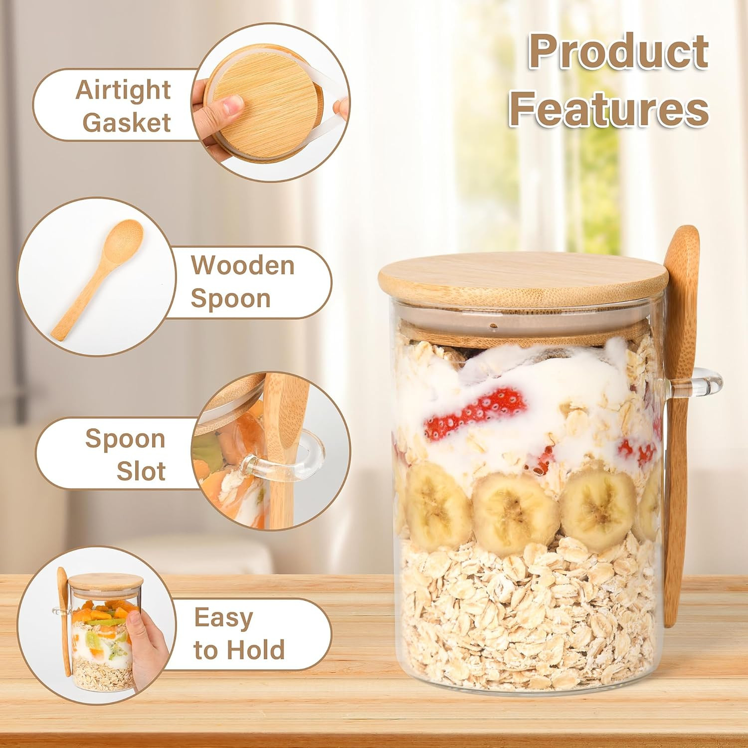 Overnight Oats Containers with Lids,4 Pack 18Oz Overnight Oats Jars with Spoons,