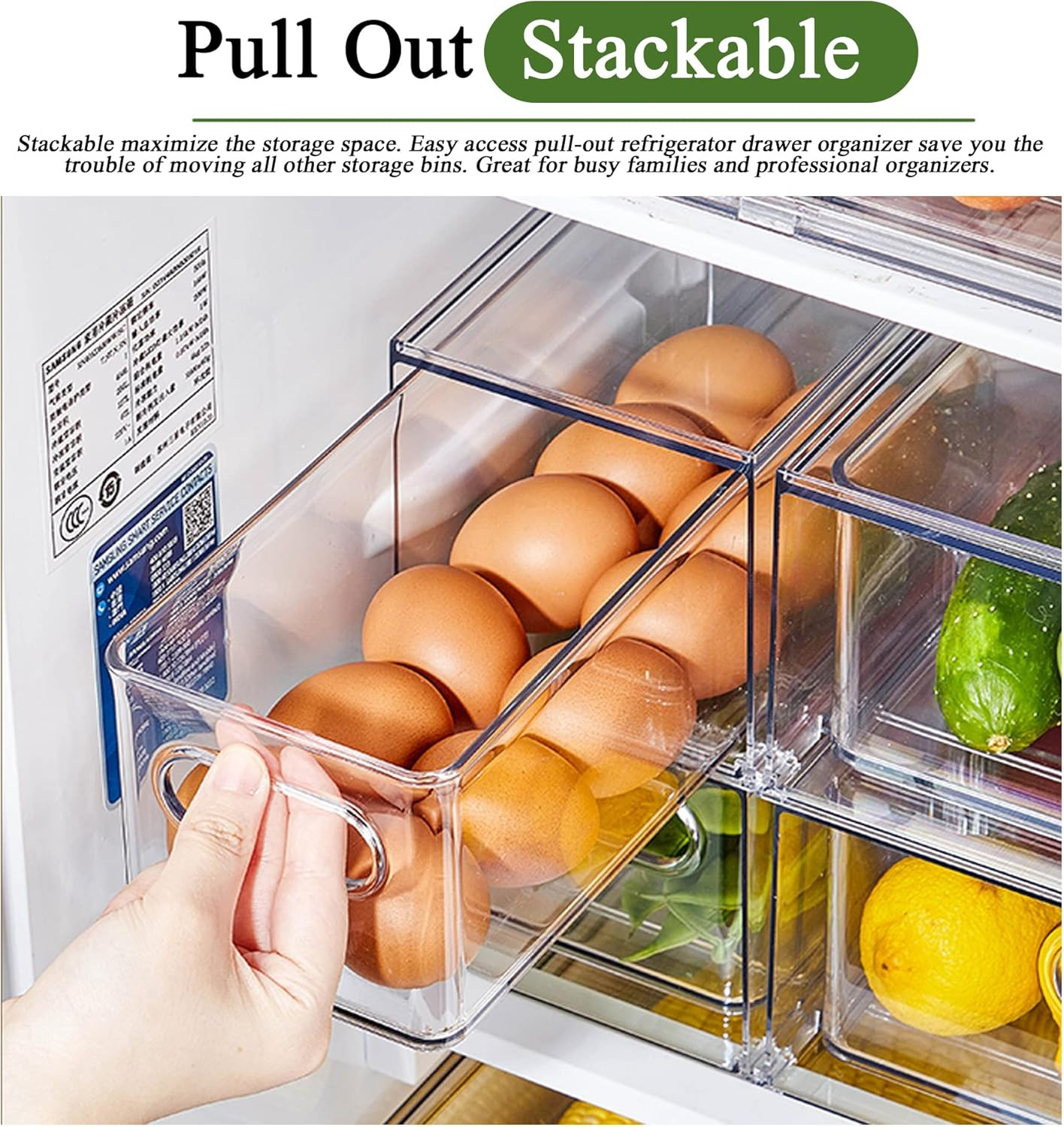 3 Pack Clear Fridge Organizer Bins with Pull-Out Drawers for Kitchen Storage