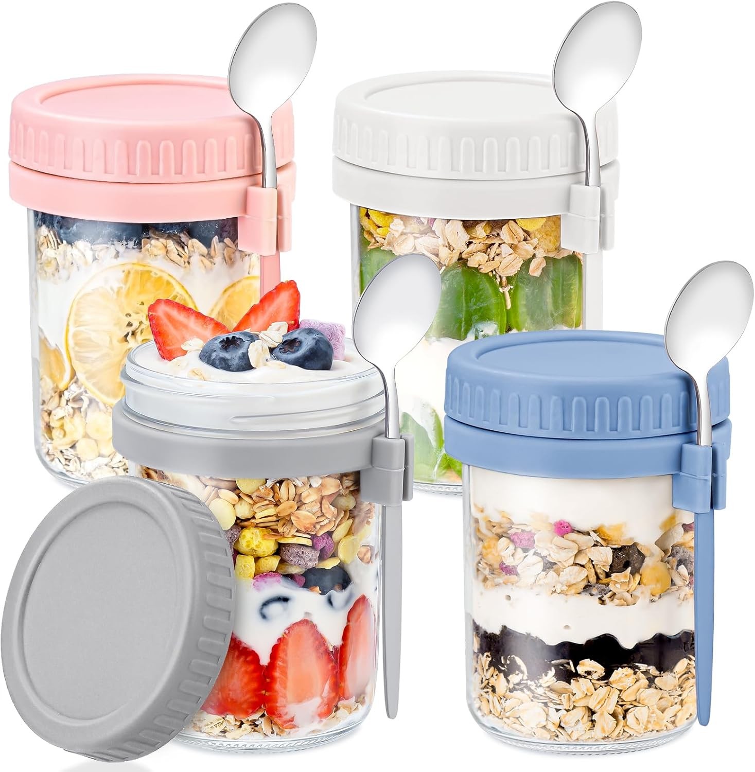 4 Pack Overnight Oats Containers with Lids and Spoons – DRKIO 16 Oz Glass Mason