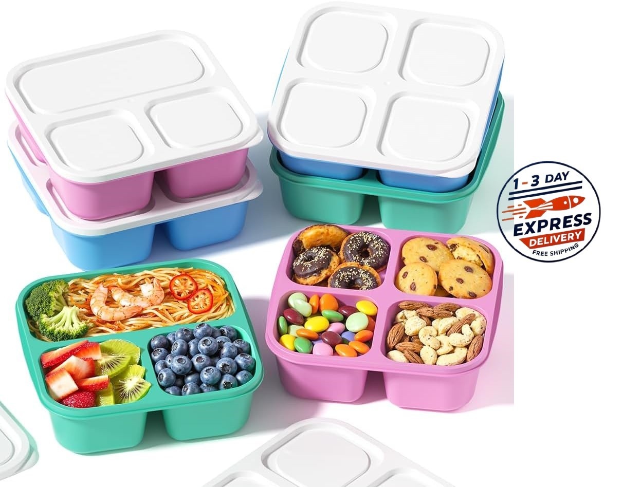 Juego de 6 recipientes reutilizables para refrigerios, con 3 y 4 compartimentos