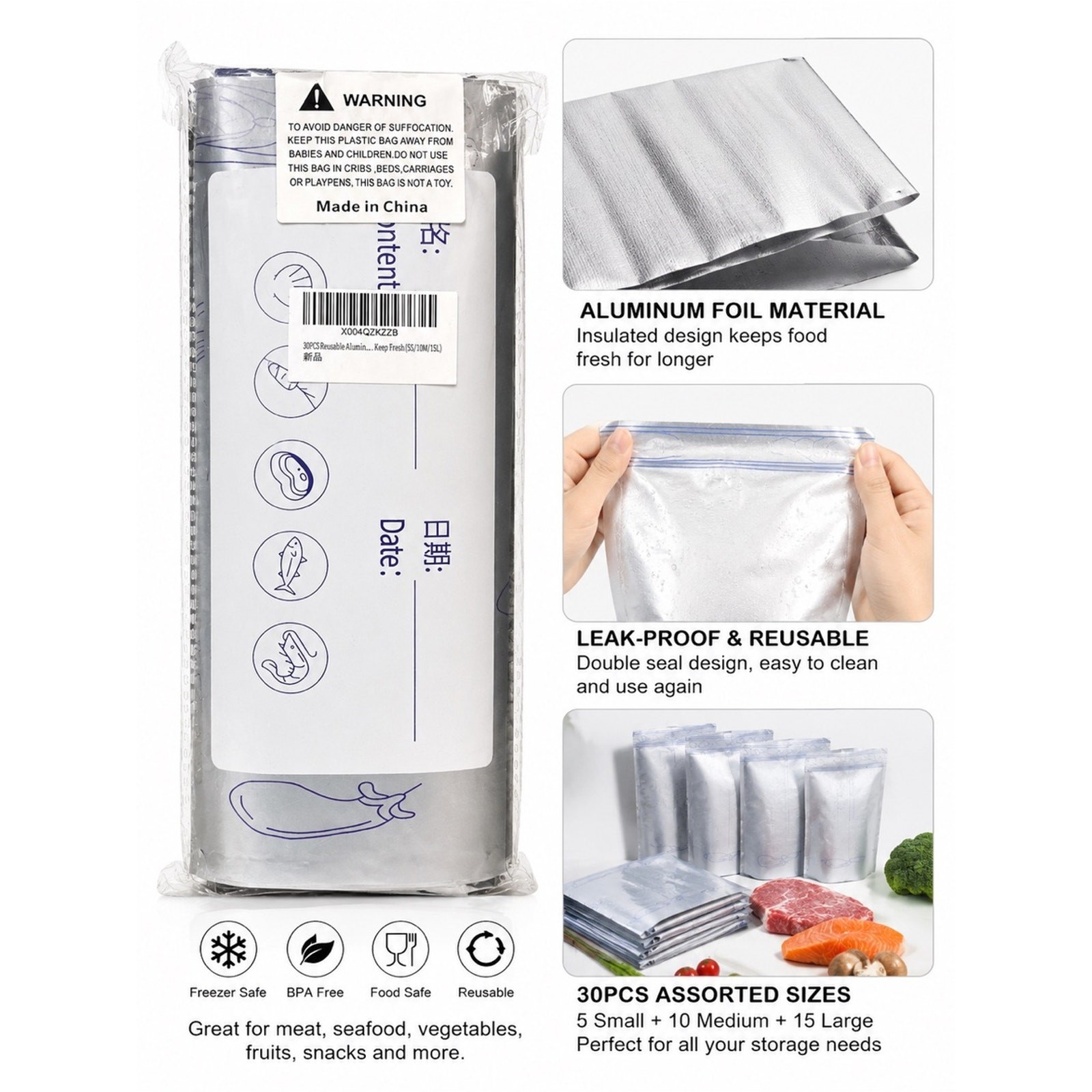 30PCS Reusable Aluminum Foil Food Storage Bags Keep Fresh Freezer Bags Set
