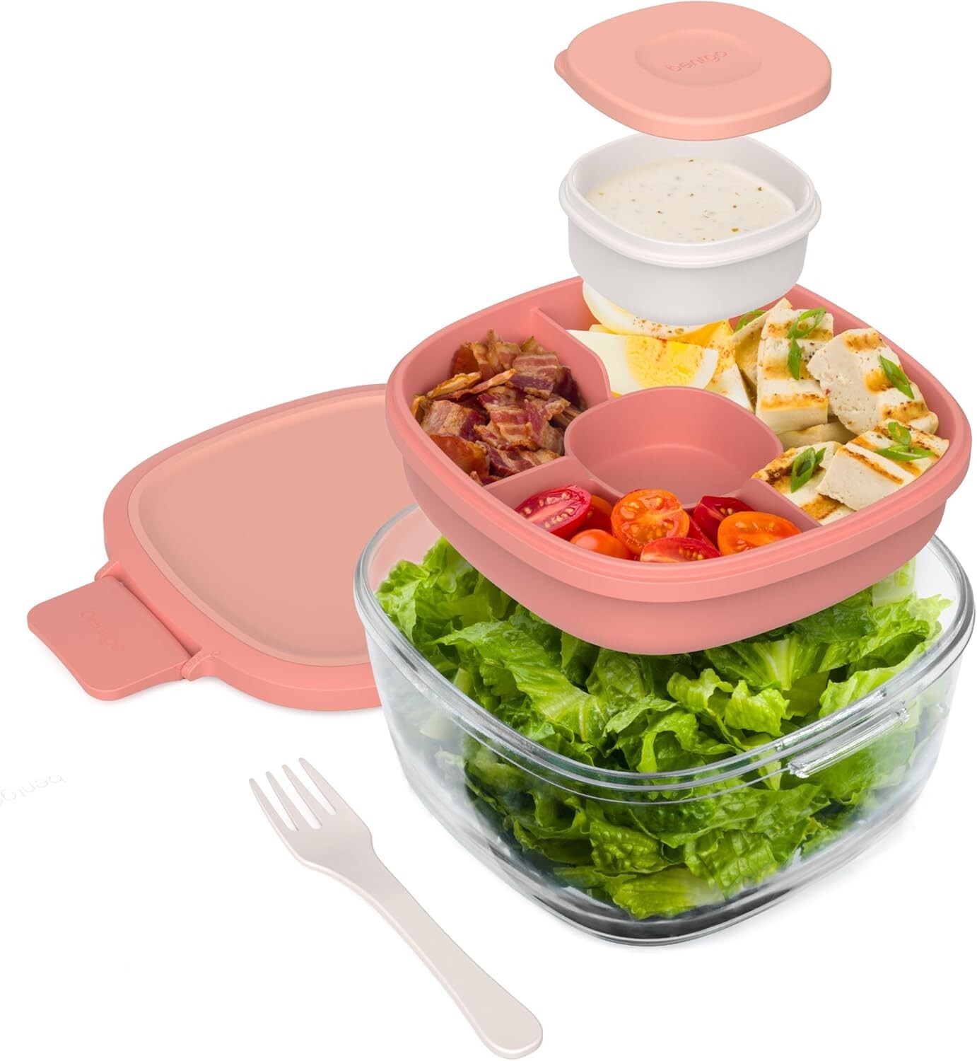 61-oz Glass Salad Bowl with Bento Tray & Leak-Proof Sauce Container – Coral