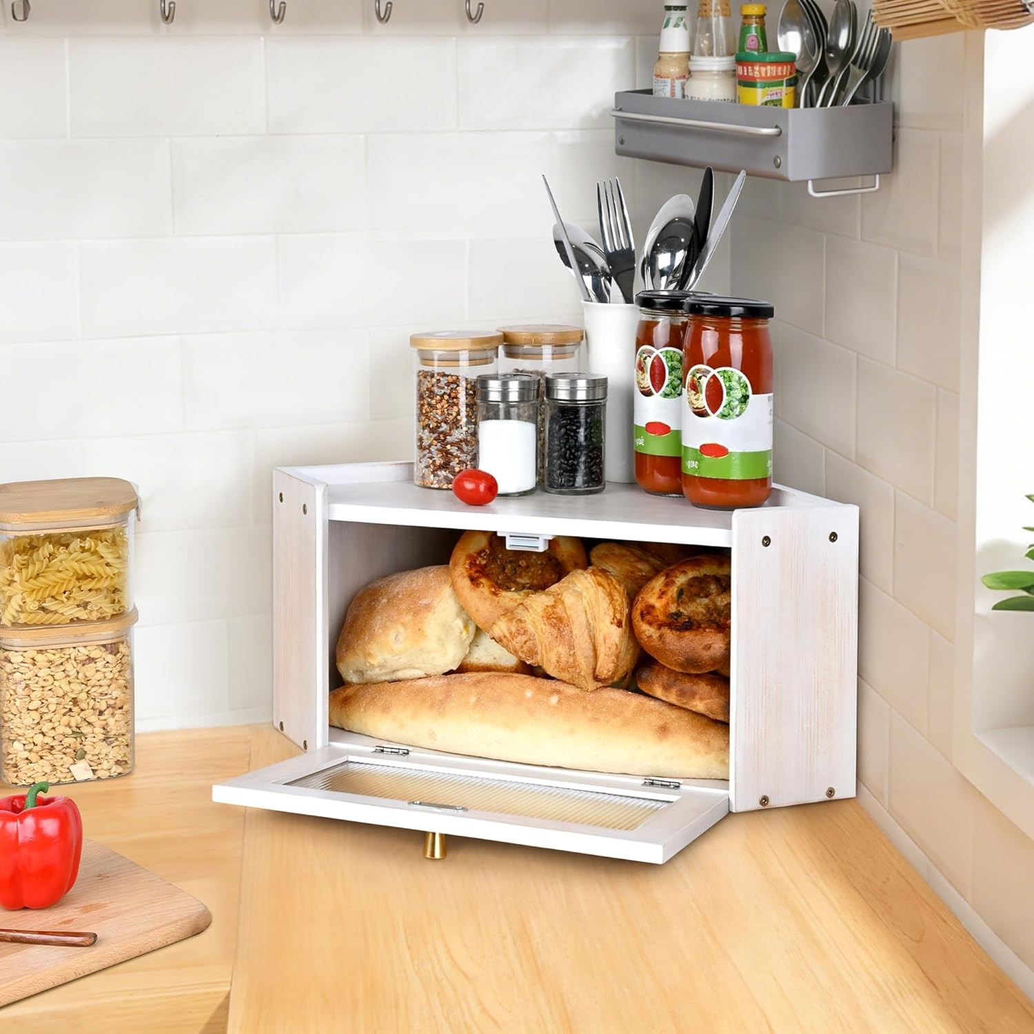 Vintage Coner Bread Box for Kitchen Countertop, Bamboo Bread Storage Container,
