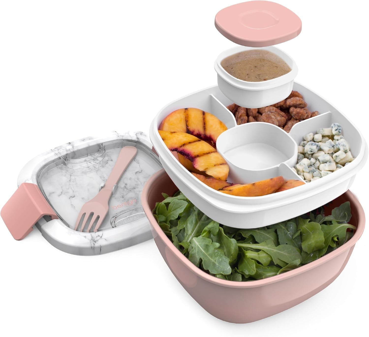 Salad Container with Toppings Tray 54 oz BPA Free Reusable Fork Dressing Dish