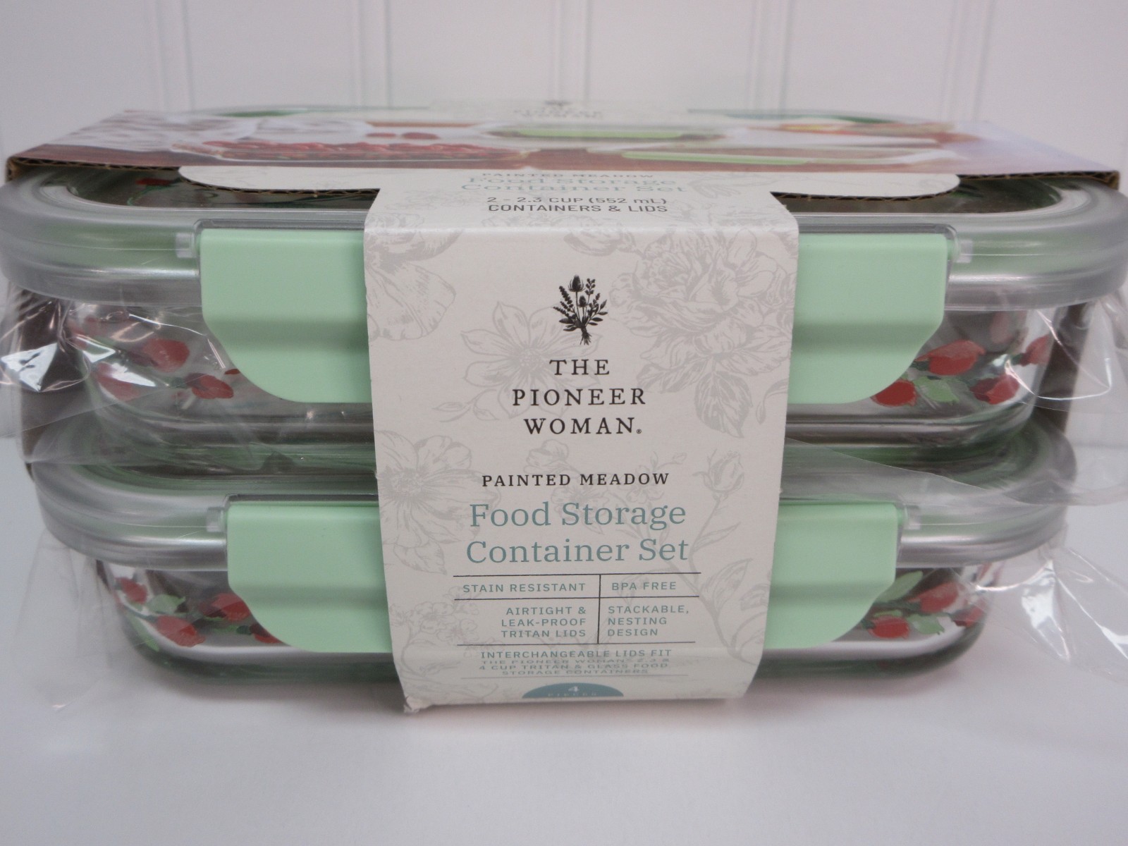 Pioneer Woman Painted Meadow Glass Food Storage 2.3cup Container 2pc Set Green