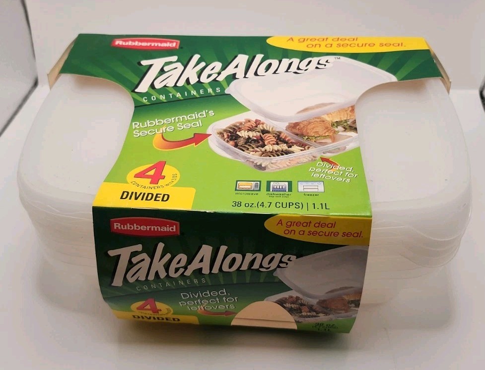4 Pack Vtg 2002 Rubbermaid Take Alongs Divided Food Storage Containers NOS