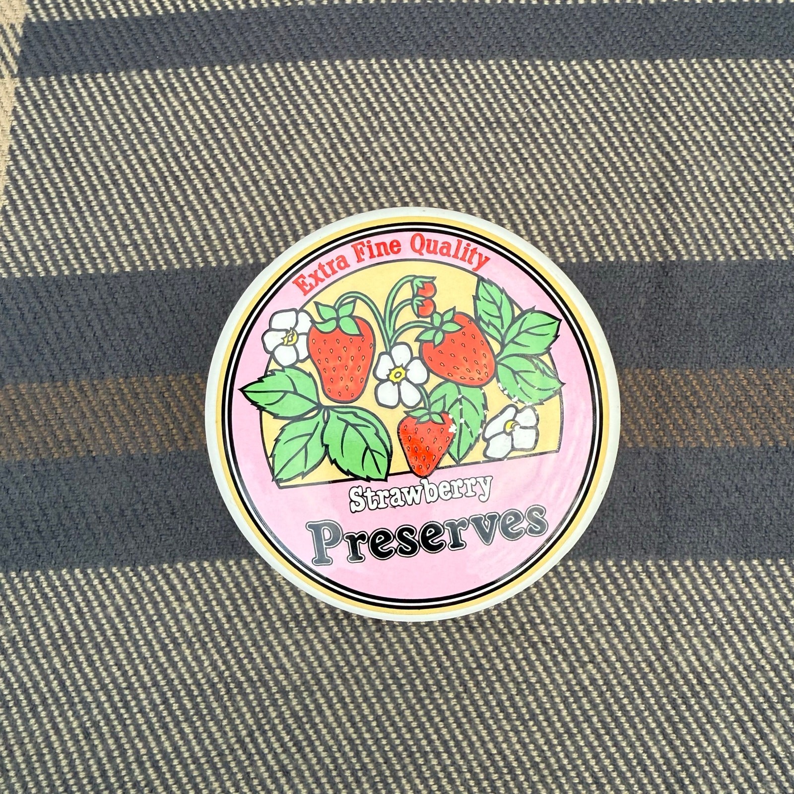 Vintage canister jar storage container with strawberry preserves design