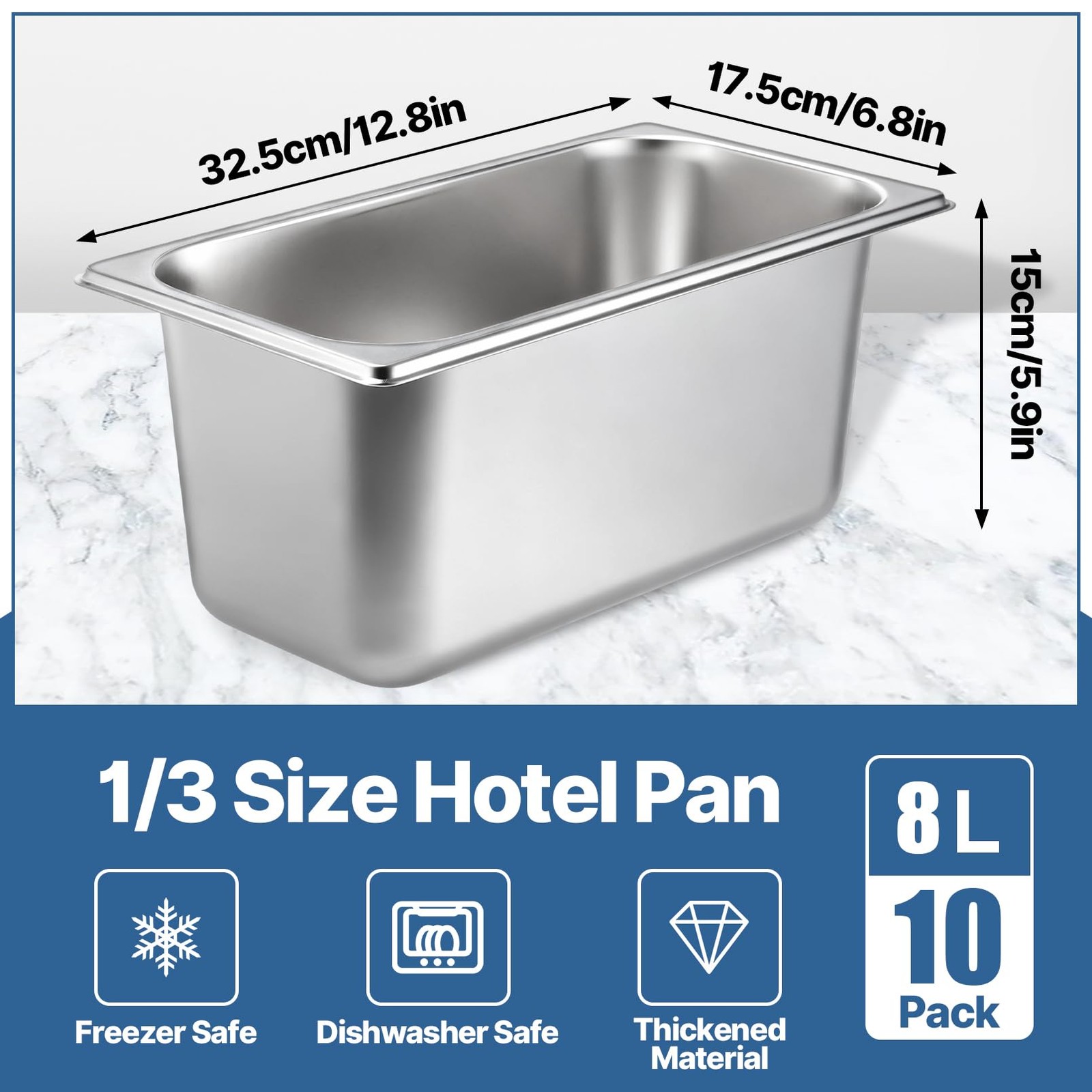 10 Pack Hotel Pans, 1/3 Size 6 Inch Deep Steam Table Pans, Anti Jam Stainless