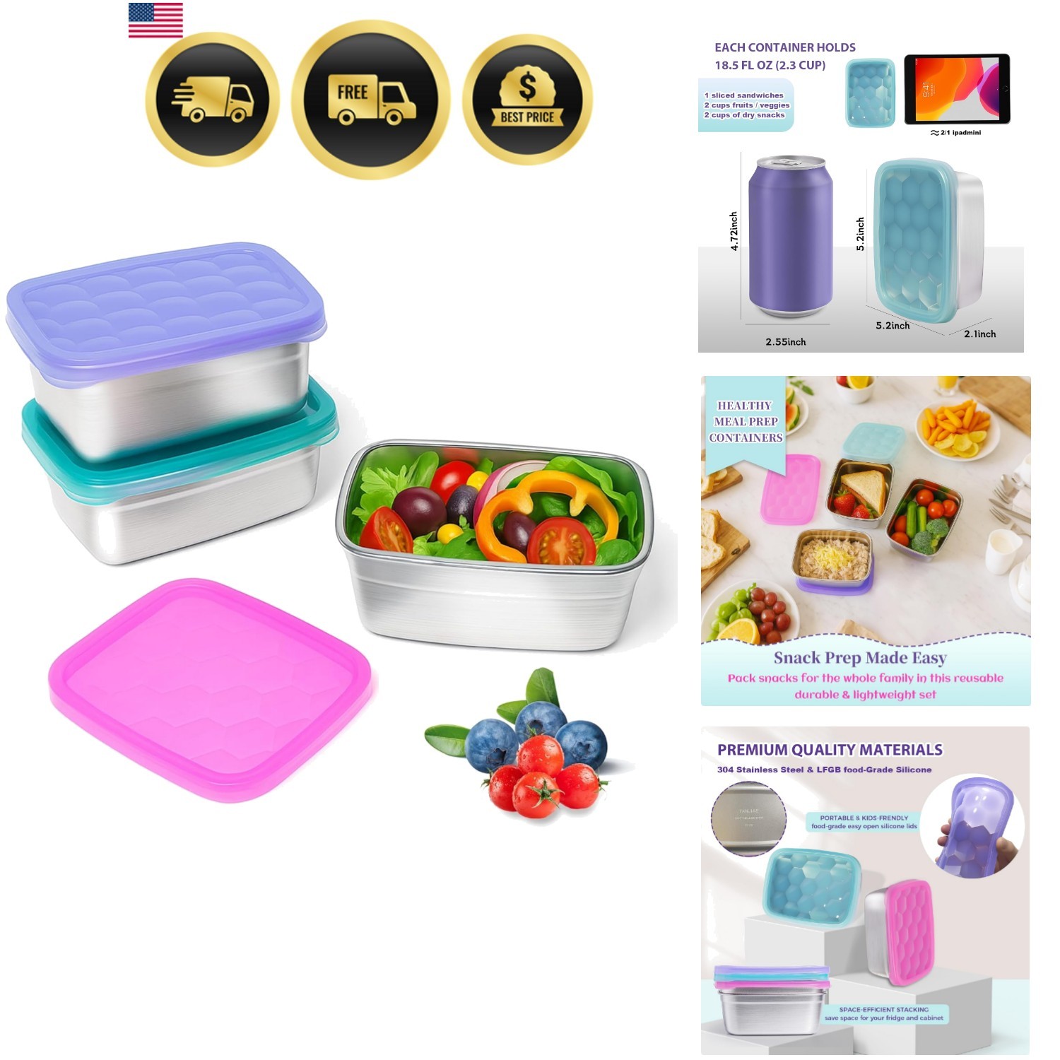 3-Pack Stainless Steel Snack Containers for Kids & Toddlers – 550ml 18oz Leak…