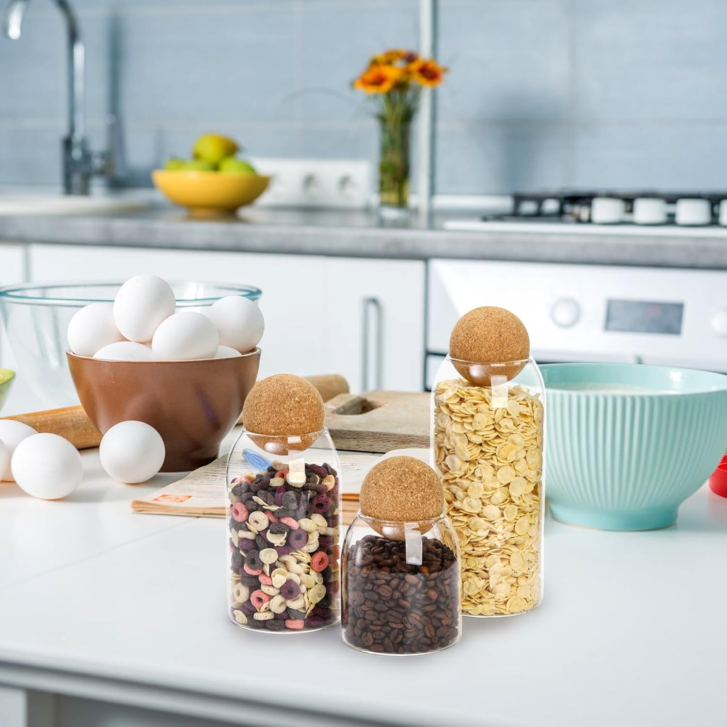 3 Pack Glass Storage Jar with Ball Cork Lid, Clear Glass Canisters with Cork