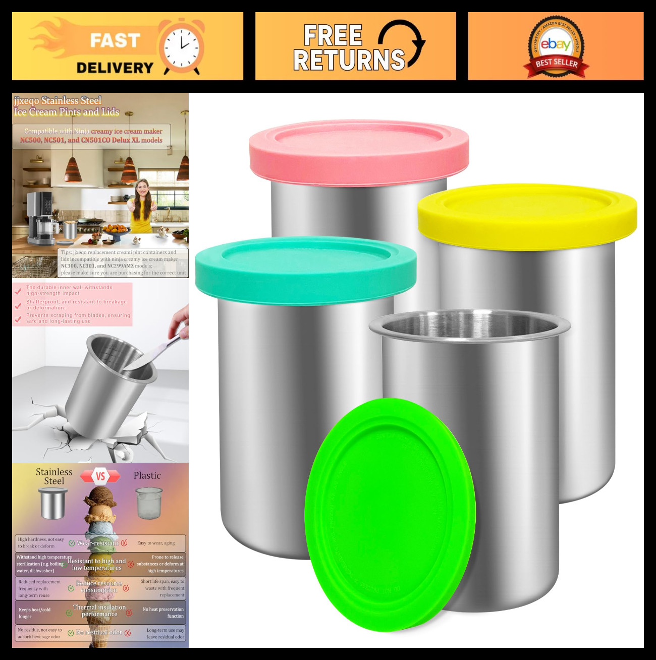 Stainless Steel Containers for Ninja Creami Deluxe – 4 Pack, BPA-Free, Silicone