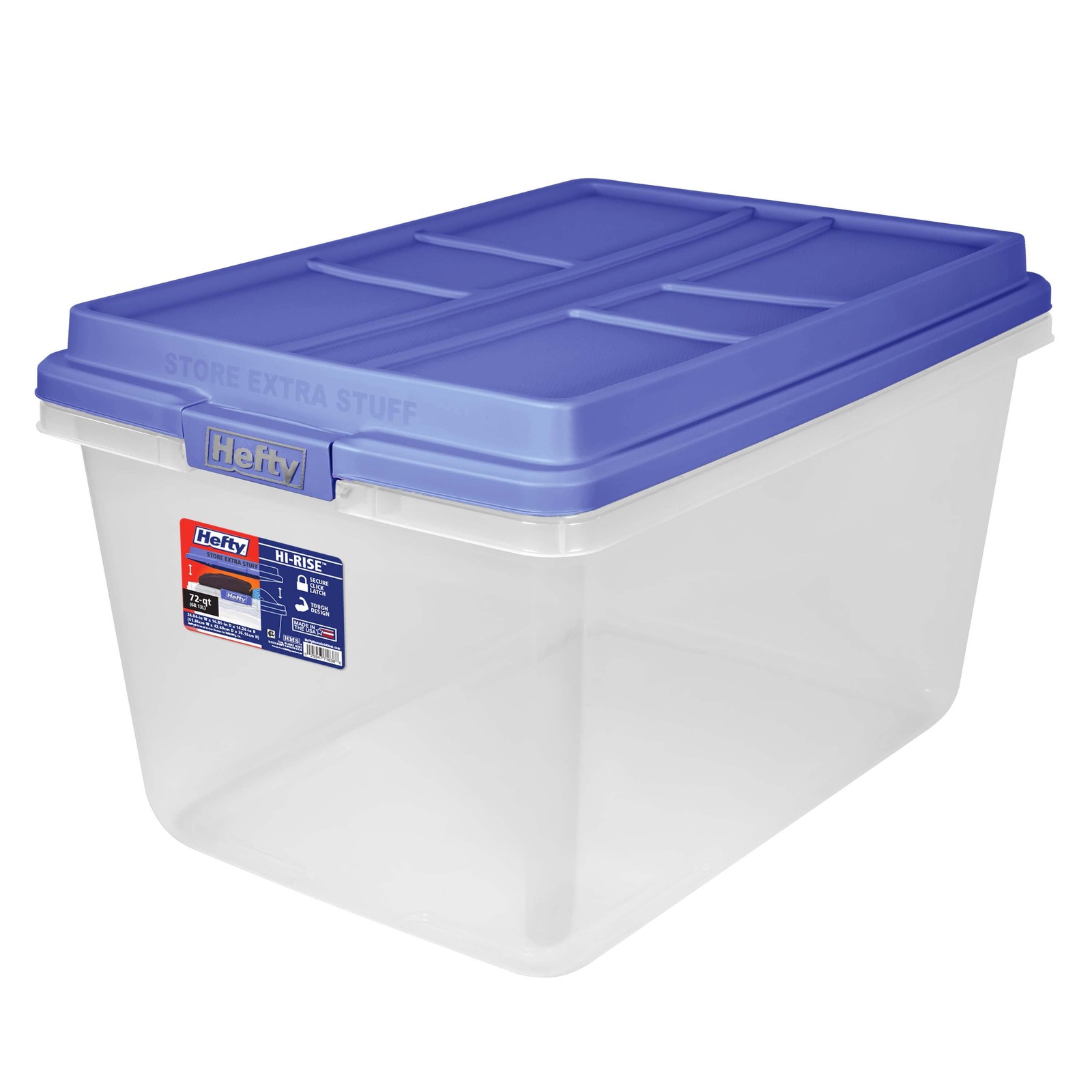 Hefty,72 Quart Clear Storage Bin,Latched Storage Container,with Blue HI-RISE Lid