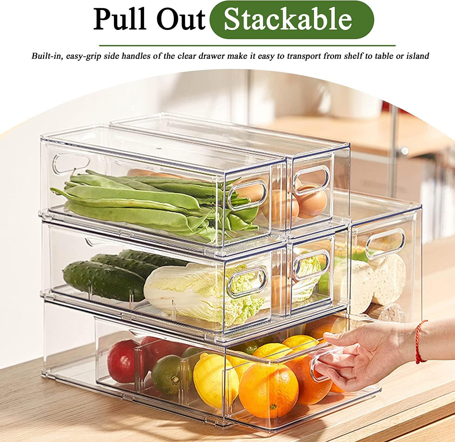 3 Pack Clear Fridge Organizer Bins with Pull-Out Drawers for Kitchen Storage