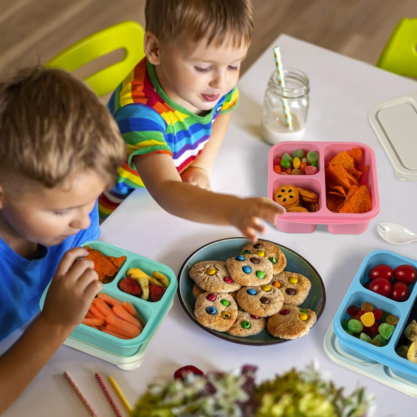 Snack Box Container with lids, Reusable 3 Compartment Bento S, Multicolor