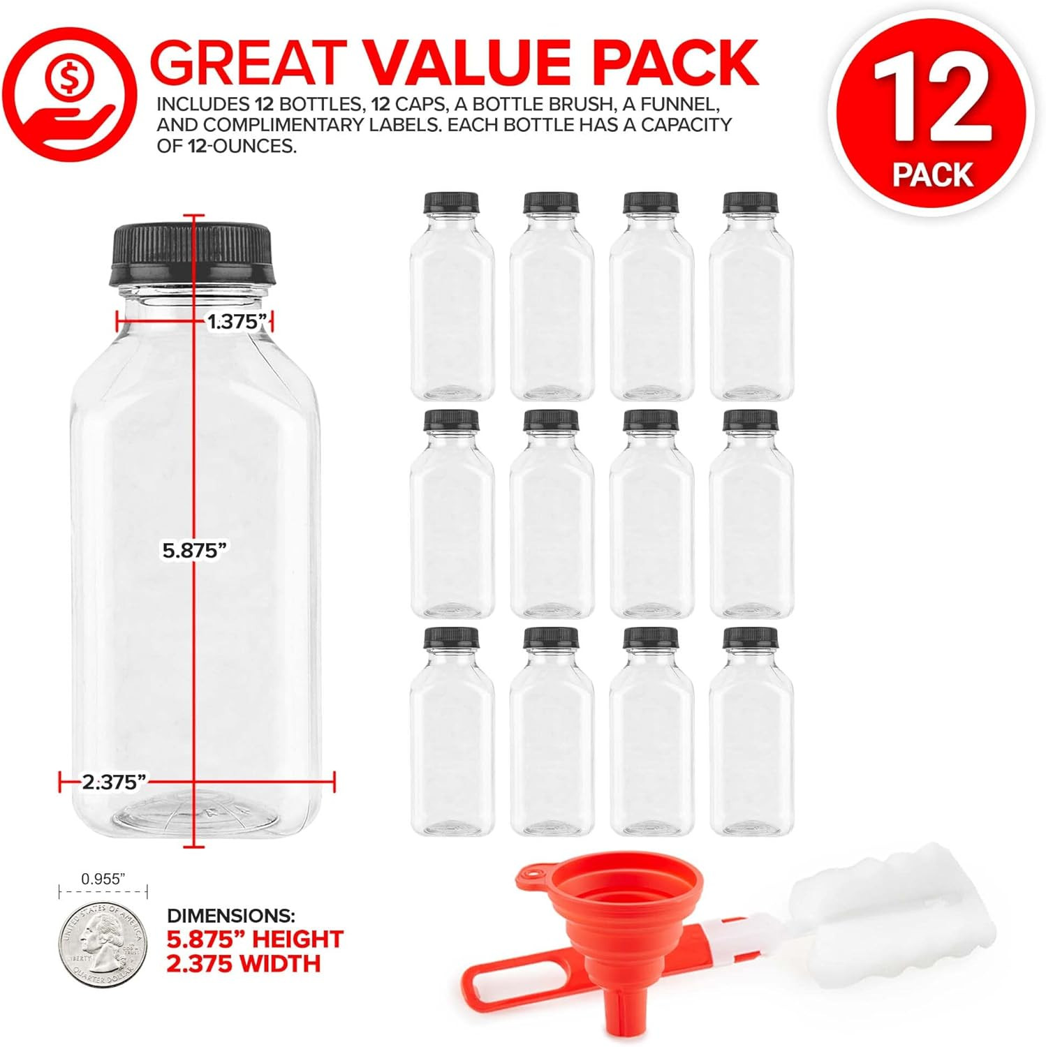 12 Oz Juice Bottles with Caps for Juicing (12 Pack) – Reusable Clear Empty Plast