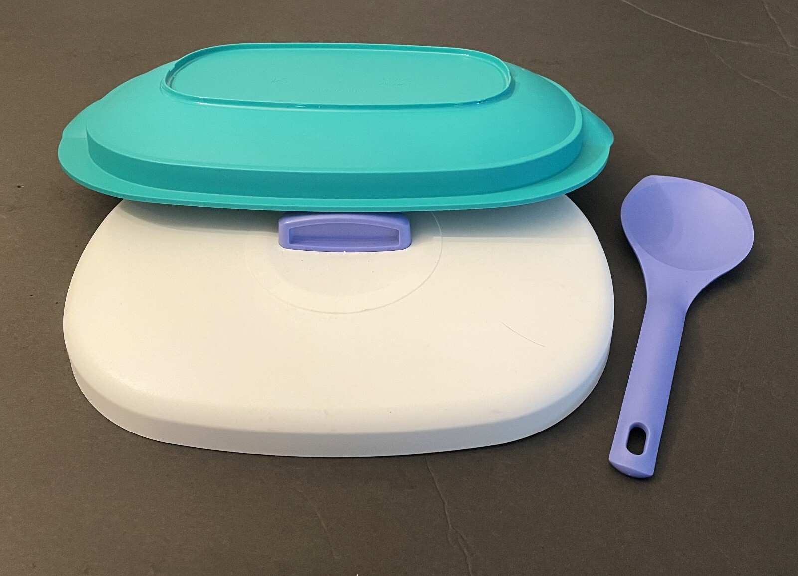 Vintage 13″ Tupperware Legacy Oval Teal Serving Dish Casserole W/ Lid and Spoon