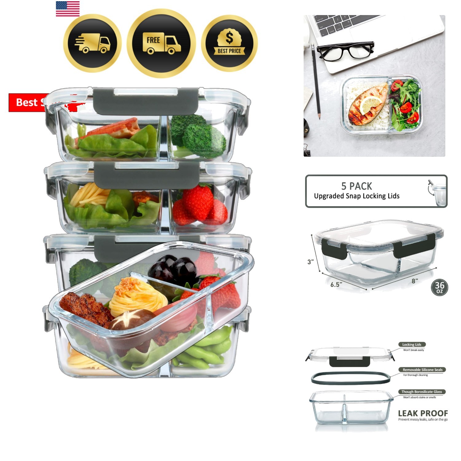 5-Pack,36 Oz] Glass Meal Prep Containers 2 Compartments Portion Control with …
