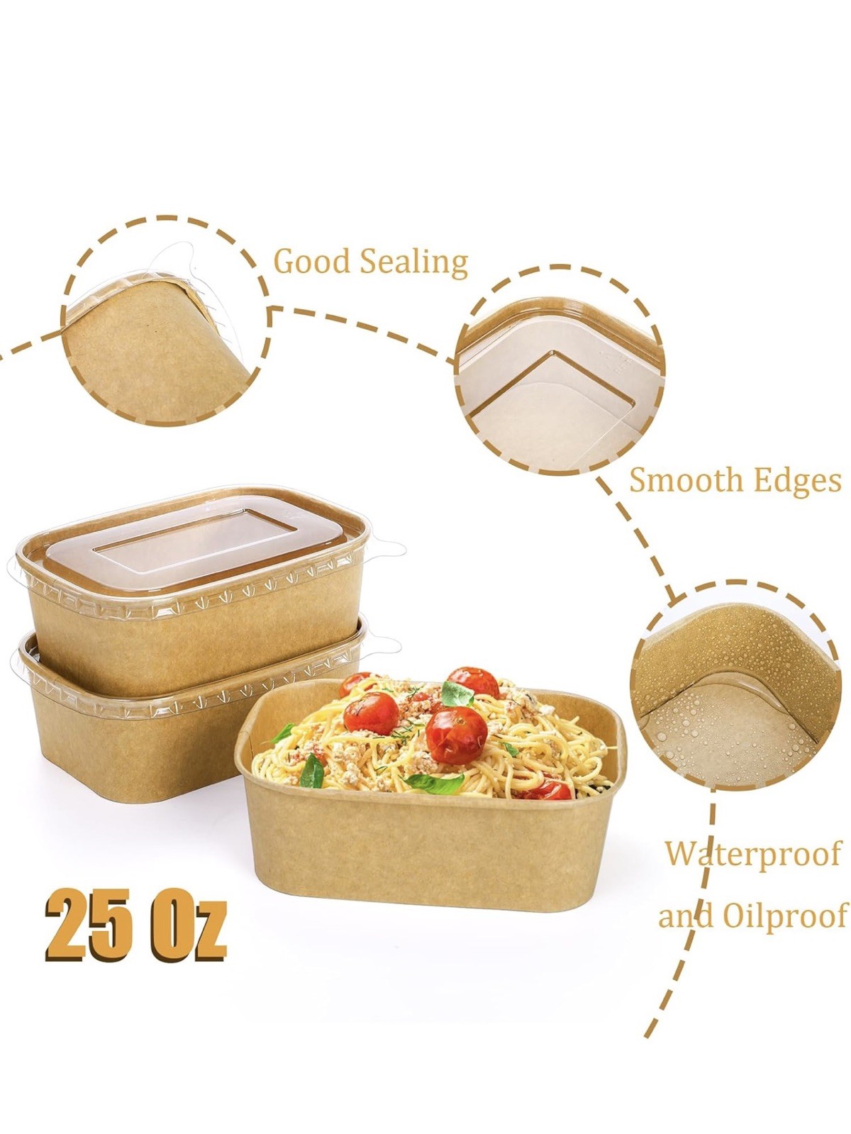 50 Pack Kraft Paper Food Container, 25 OZ Disposable Salad Bowls with Lids, Oil-