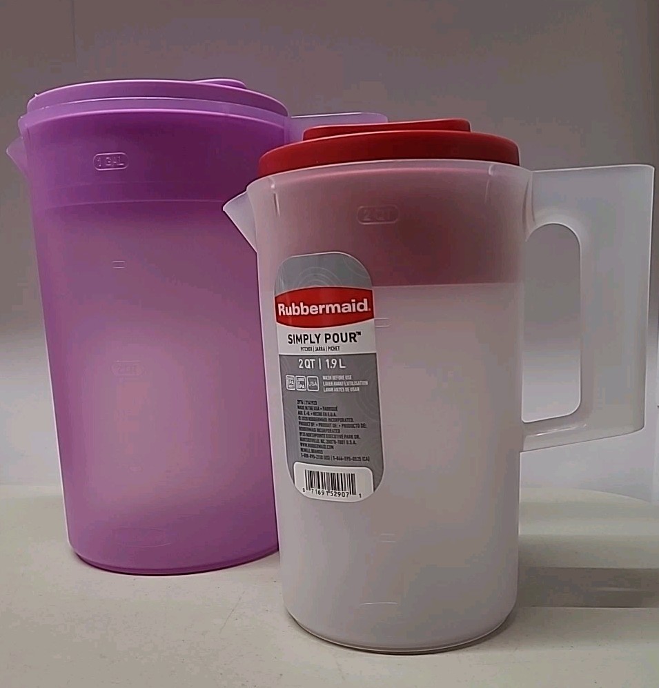(2) Rubbermaid Simply Pour-1 Gallon & 2 Qt. Pitchers Container Purple Red Lids
