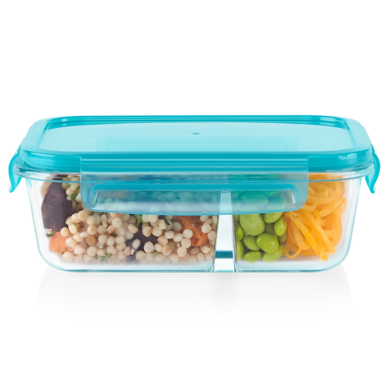 (2 pack) MealBox 4-cup Divided Glass Food Storage Container with Turquoise Lid