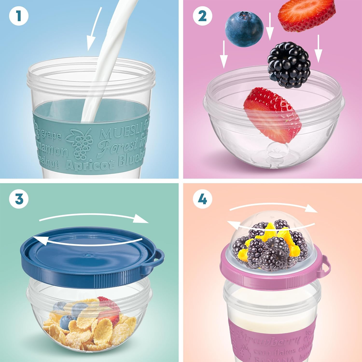 4 Pack – on the Go Yogurt Parfait Cups with Lids, Topping Compartment & Spoon, Y