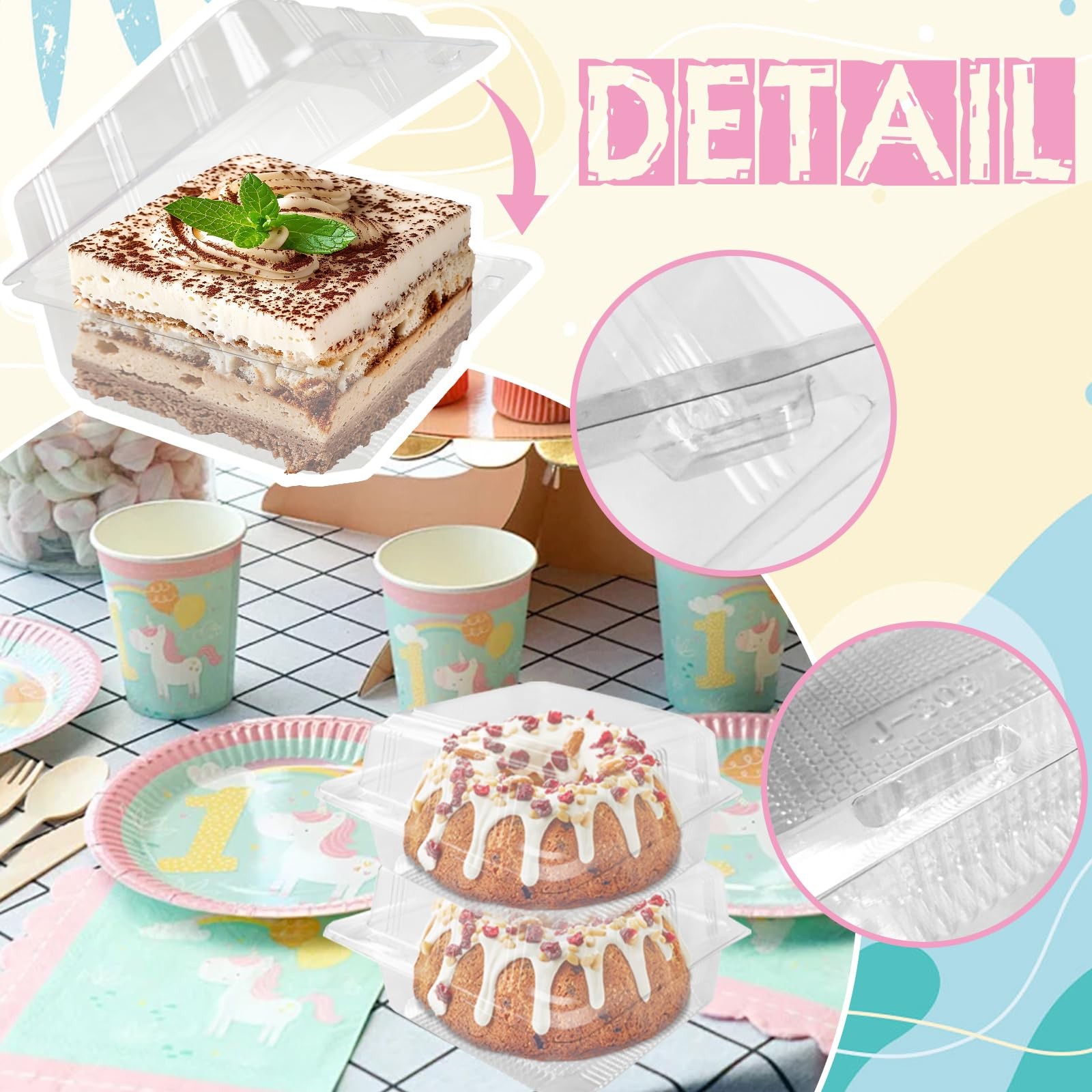 Haawooky 100 Pcs Clear Plastic Square Hinged Food Container,Disposable Cake S…