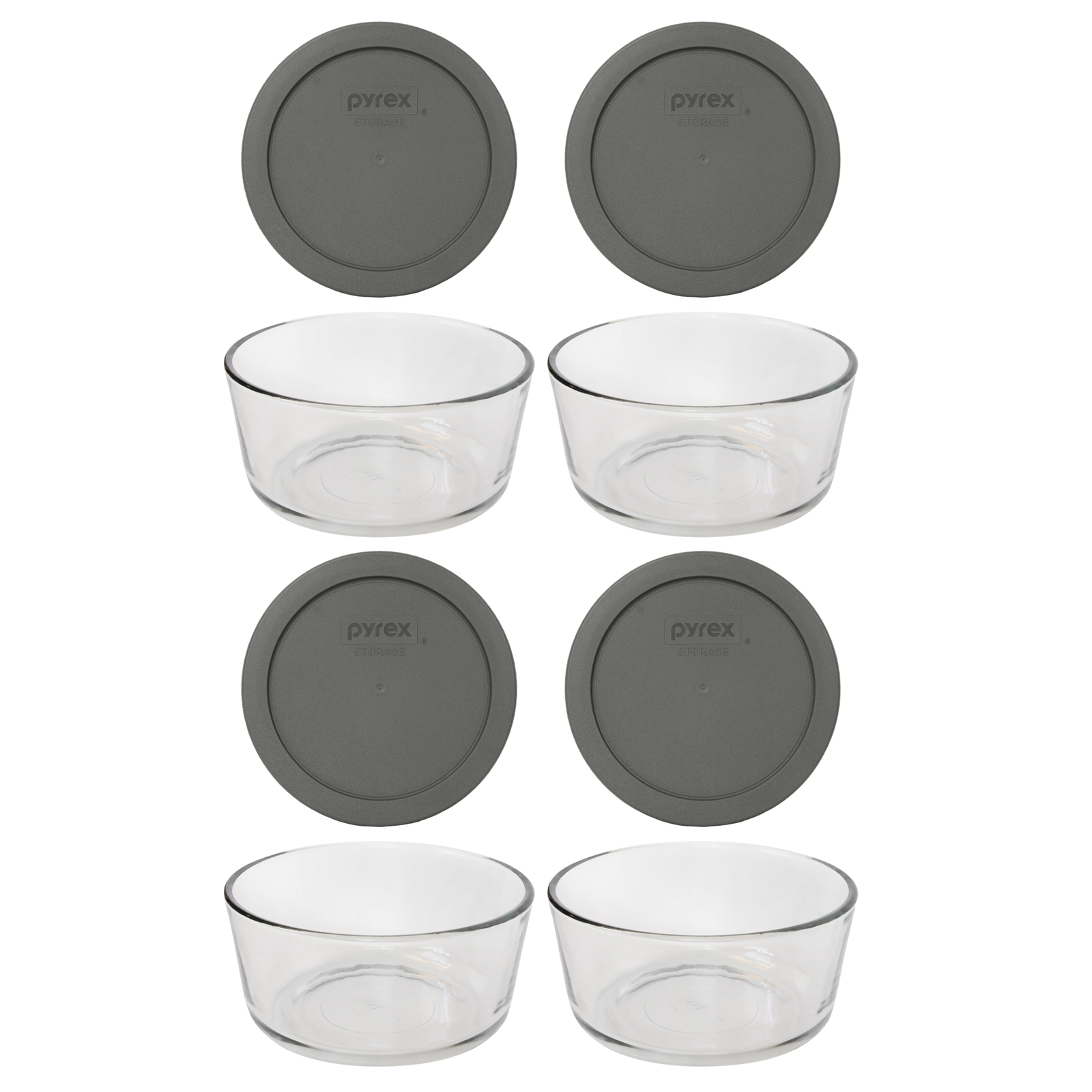 Pyrex (4) 7201 4-Cup Glass Bowls & (4) 7201-PC Puddle Gray Lids