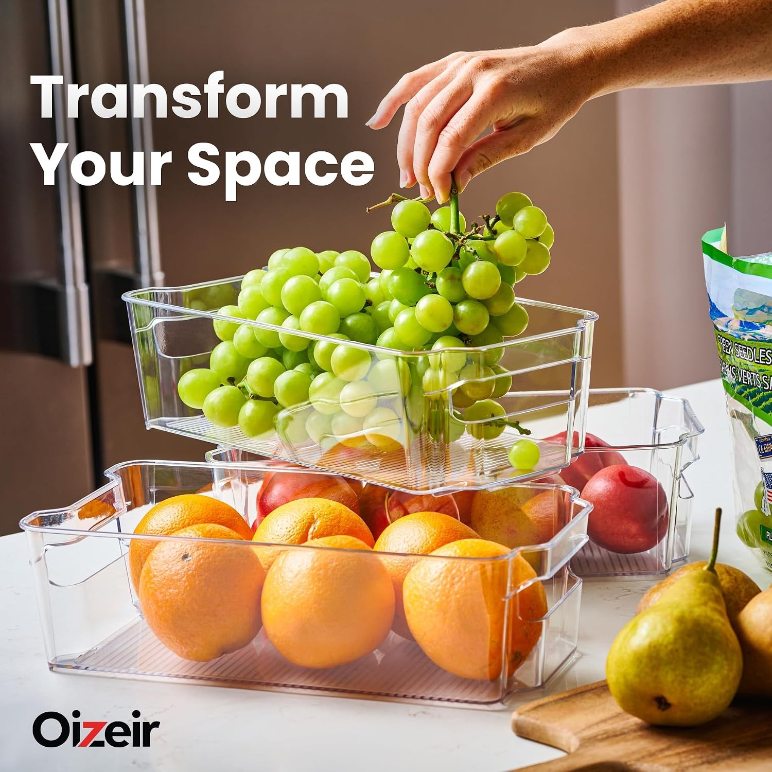 Oizeir 8 Pack Clear Plastic Storage Bins with Handles – Stackable Fridge Organiz