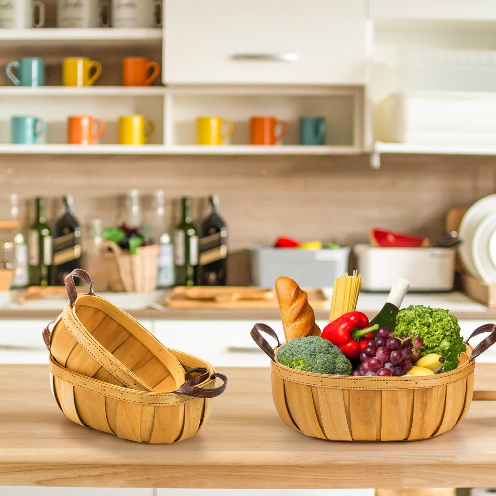 3 Pack Wooden Bread Baskets, Wood Chip Picnic Basket with Handles, Handmade W…