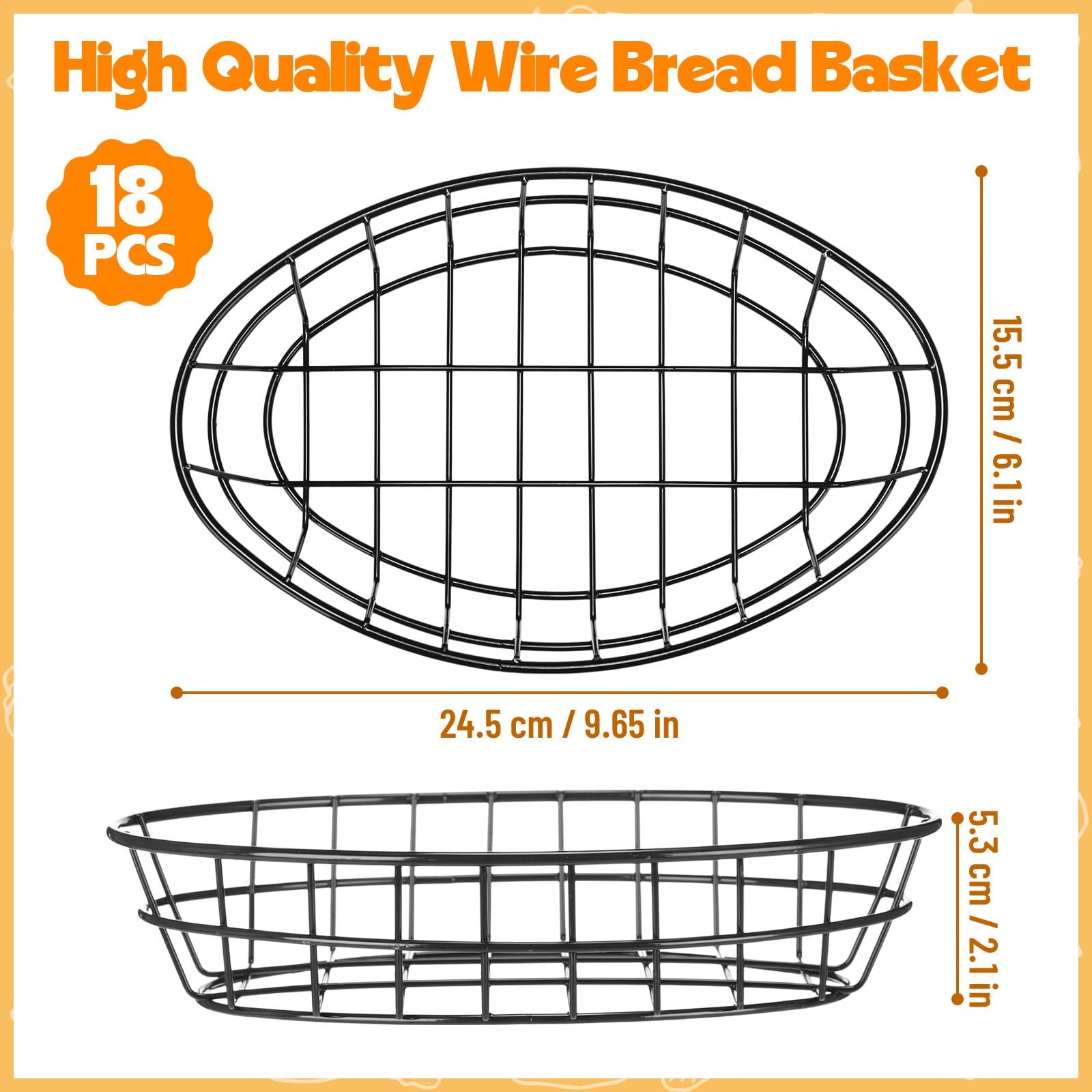 18 Pcs Black Wire Bread Basket Bulk 9.65″ x 6.1″ x 2.2″ Oval Metal Dinner Rol…
