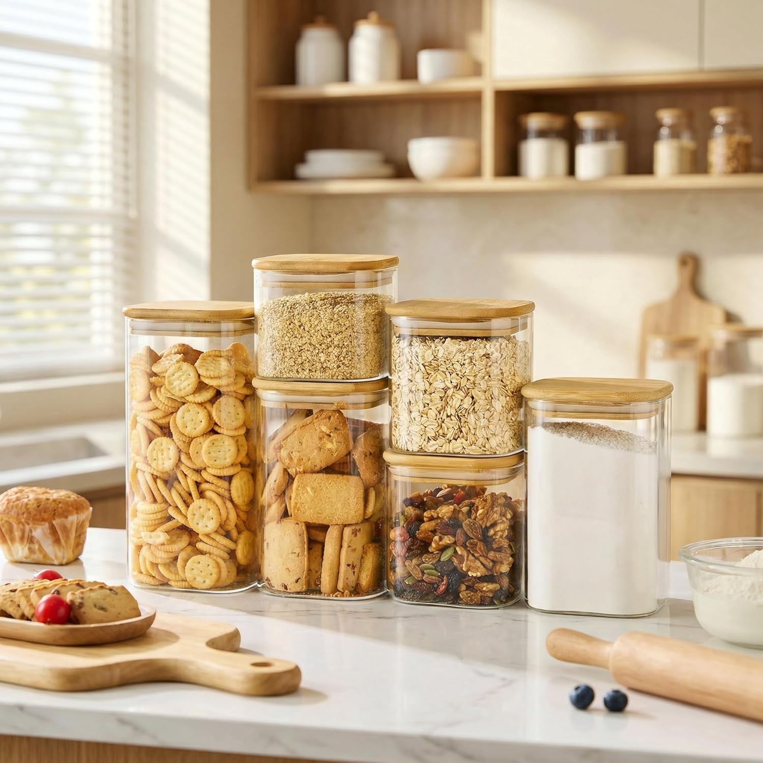 21oz – 4 Pack Square Glass Jars with Bamboo Lids, Glass Food Storage Containers