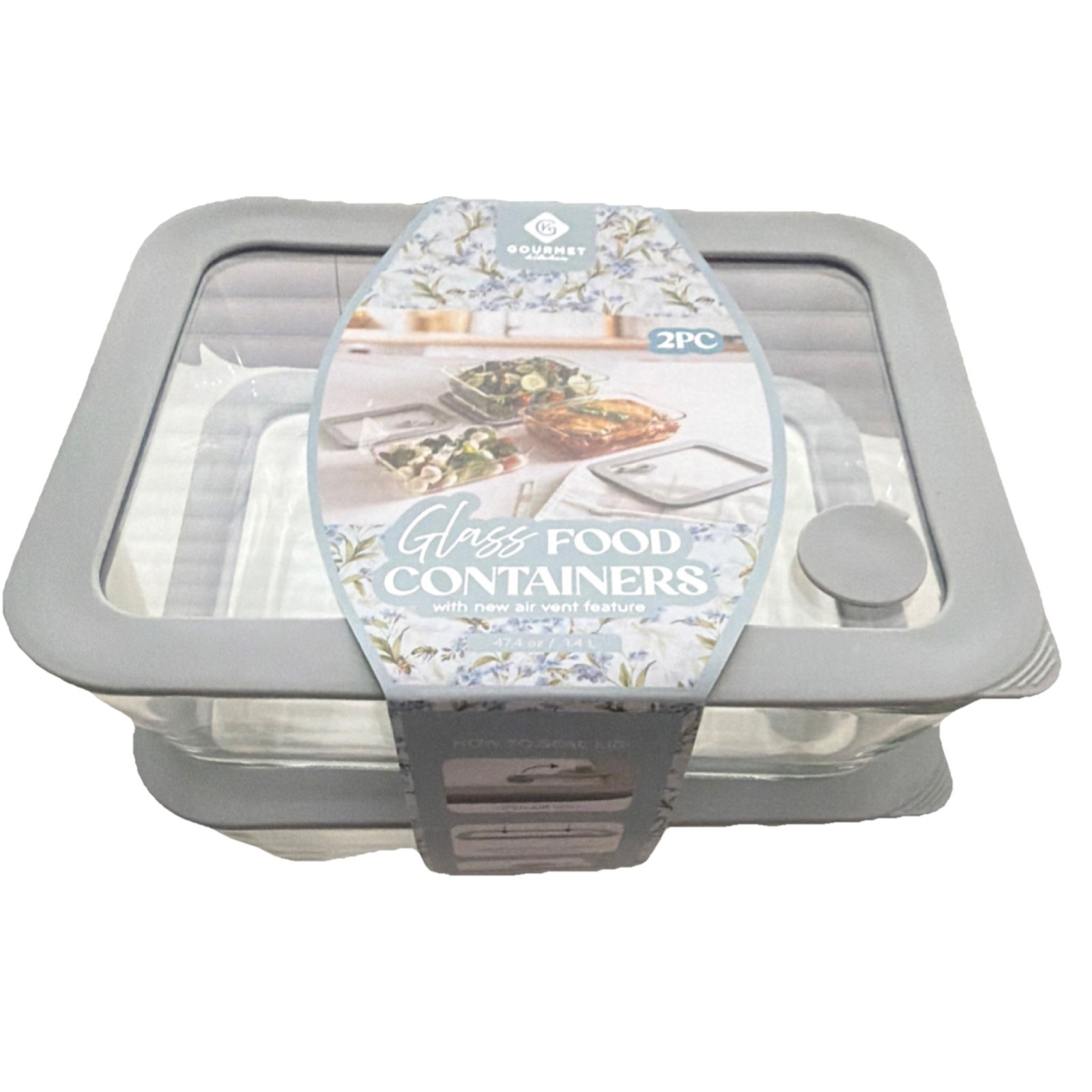Gourmet Home 2pc 1.4L Square Glass Food Storage Container Set Vented Lids Gray