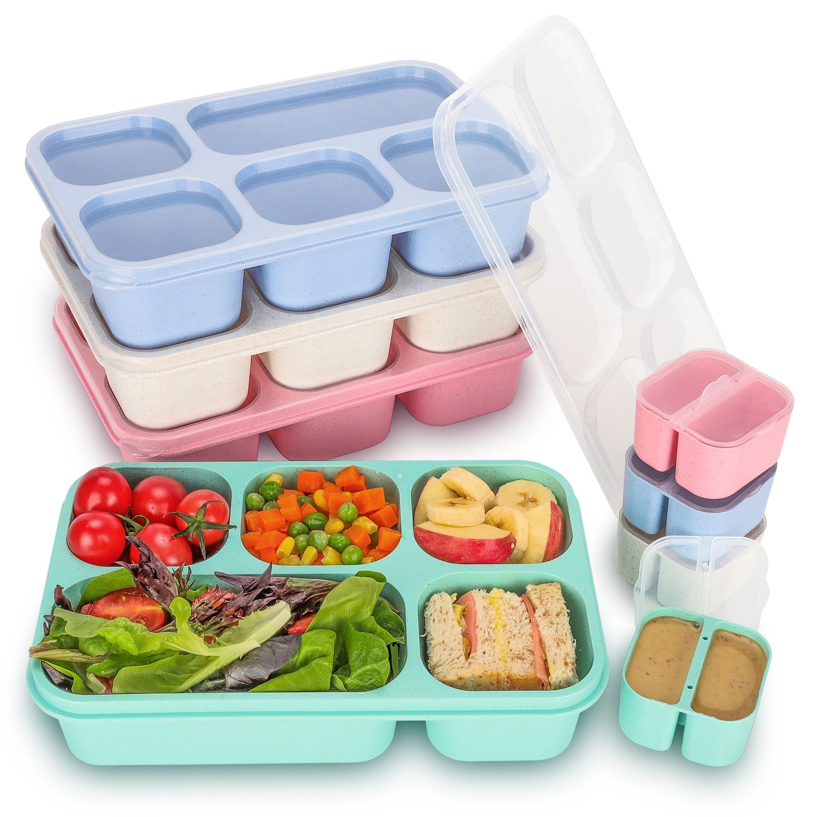 TOUWMX Bento Box Adult, 4 Pack 5 5-Compartment, Green/Blue/Pink/Beige