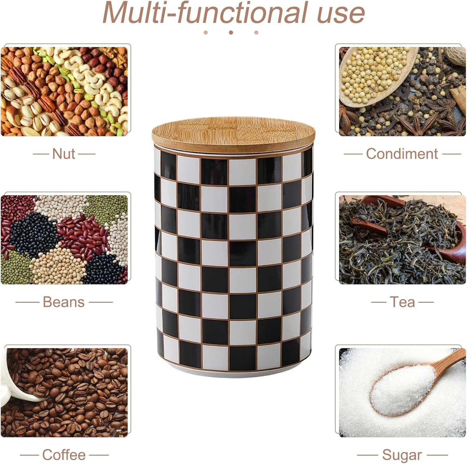 Kitchen Countertop Ceramic Checkered Canisters,Black And White Food Storage