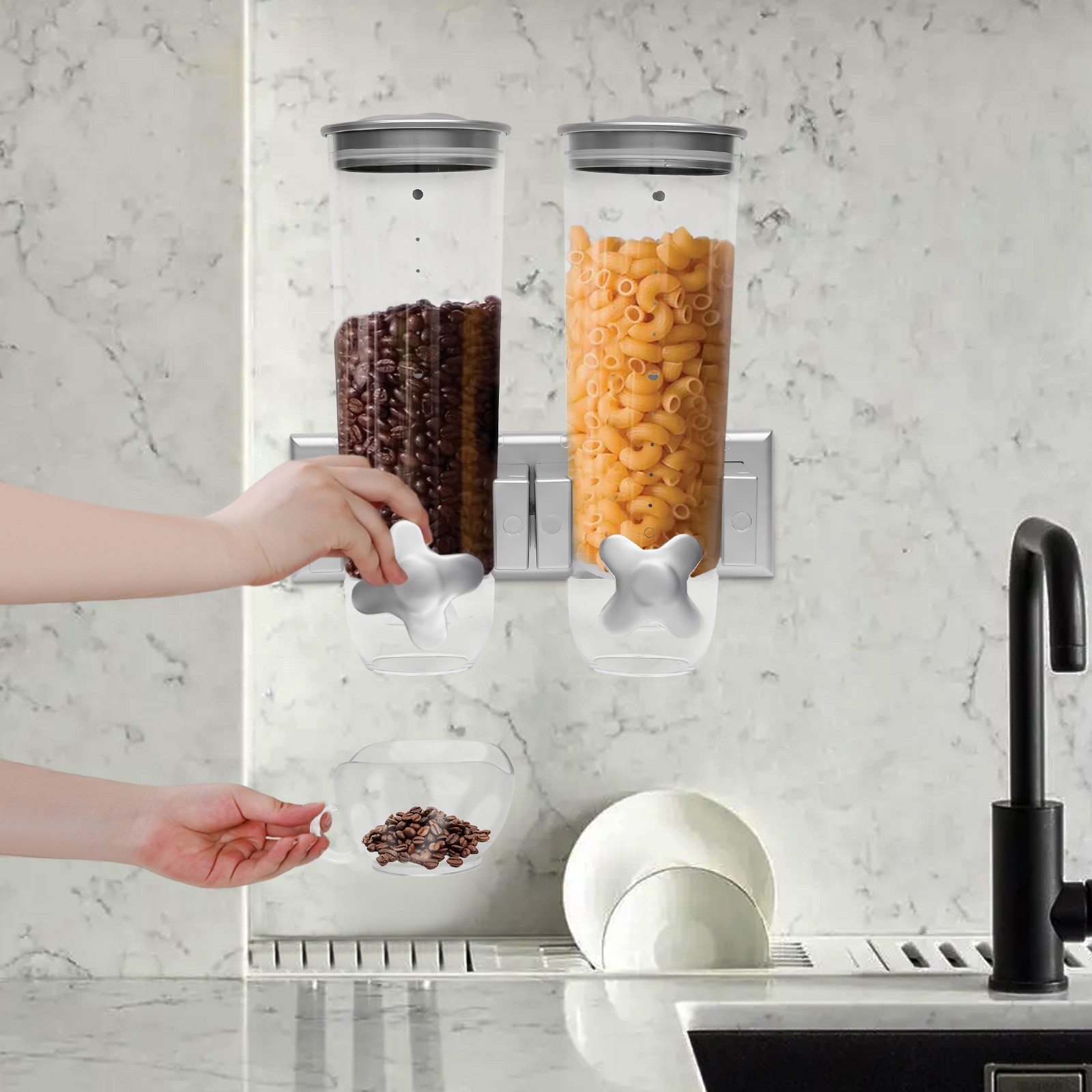 Wall Mount 2 Bucket Food Storage Dispenser Coffee/Bean/Candy/Rice Silver 3L