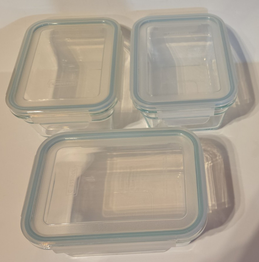 Set of 3 Glasslock Glass Food Storage Containers w/ Snap Lock Lids OCRT-090