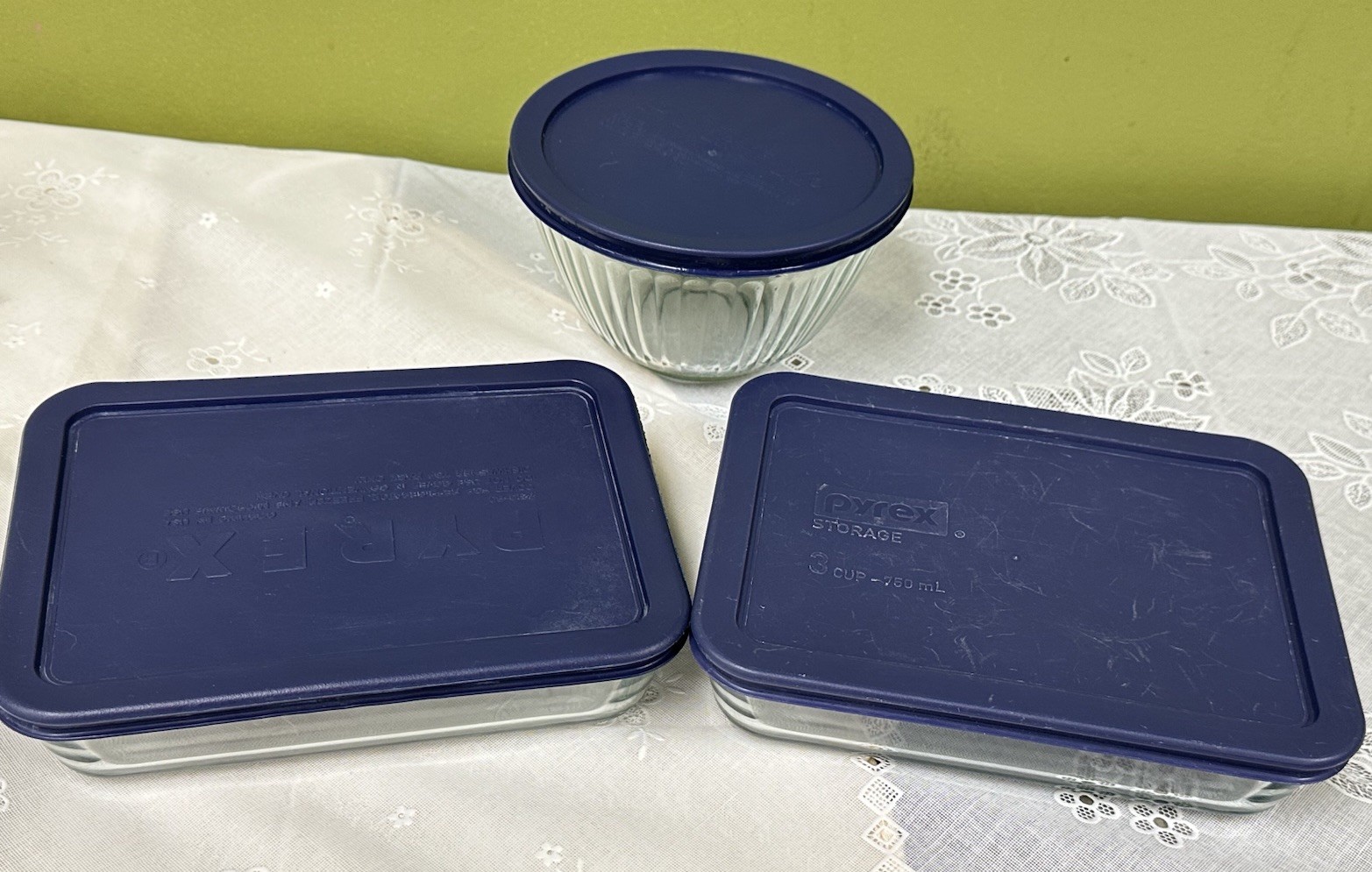 Pyrex Containers , 2 Glass Storage Food Containers & 1 Mixing Bowl
