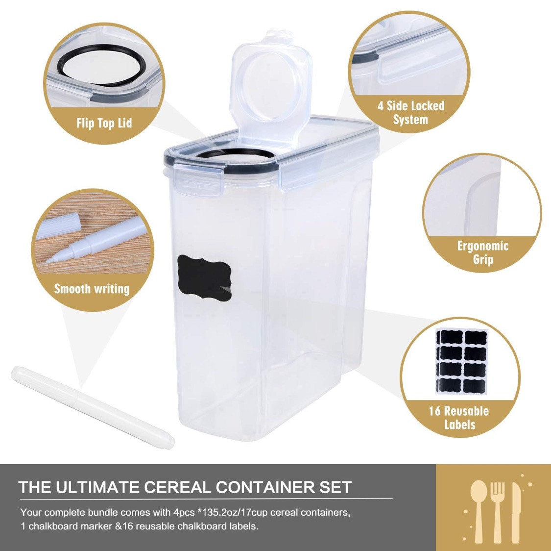 4 Piece Cereal Container Storage Set Airtight Large BPA Free Dispenser Black New