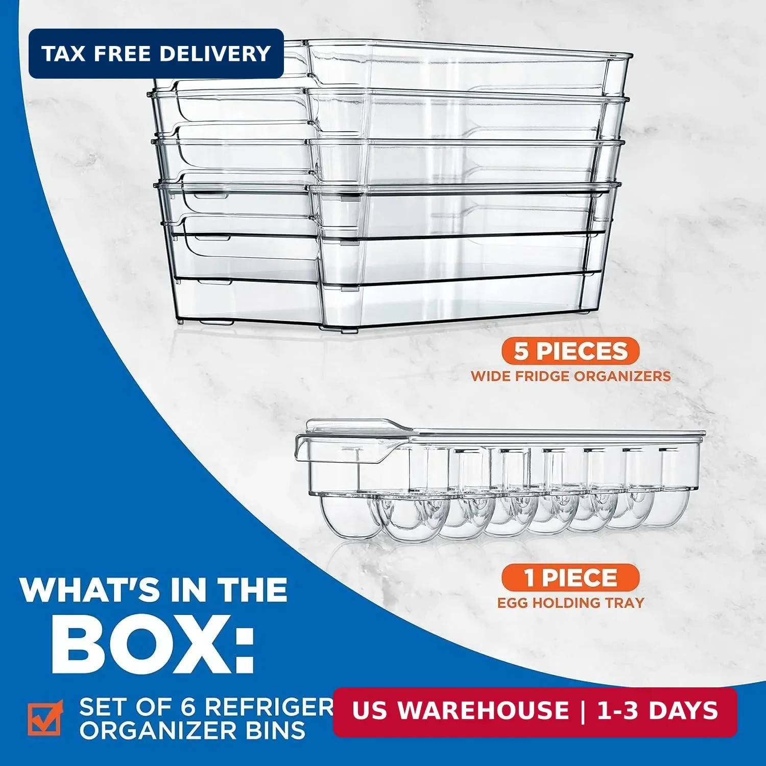 NutriChef Refrigerator Organizer Bins 6-Piece – Plastic Storage Bins with Egg Ho
